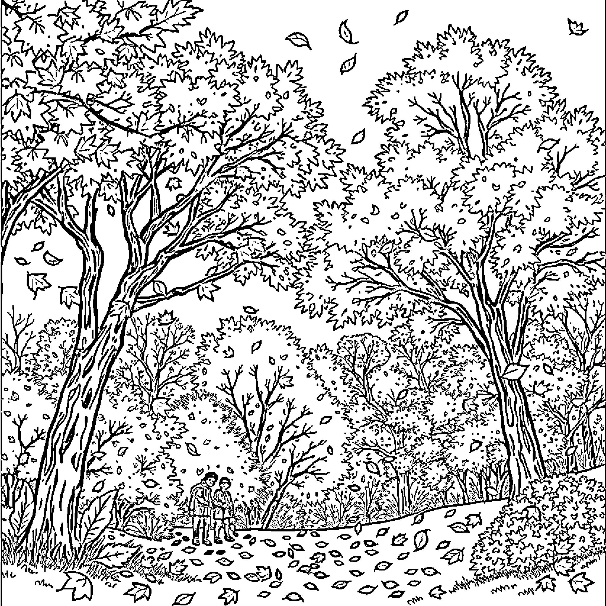 Fall Stroll Through the Autumnal Woodland Coloring Page (free black-and-white line drawing printable PDF for all, from beginners to advanced learners, including children, teens, adults, and seniors)