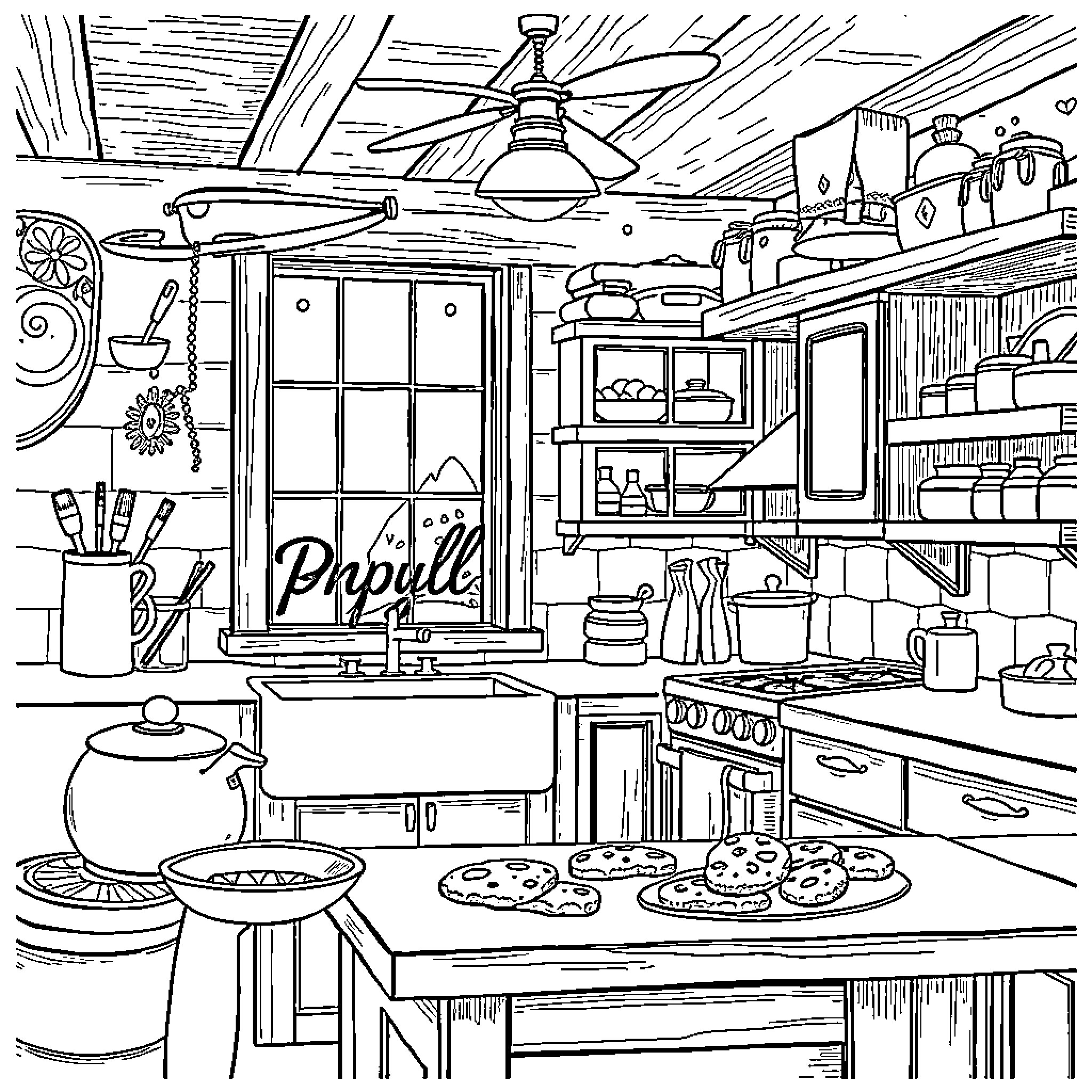 Kitchen Filled with Cooking Supplies and Equipment Coloring Page (free black-and-white line drawing printable PDF for all, from beginners to advanced learners, including children, teens, adults, and seniors)
