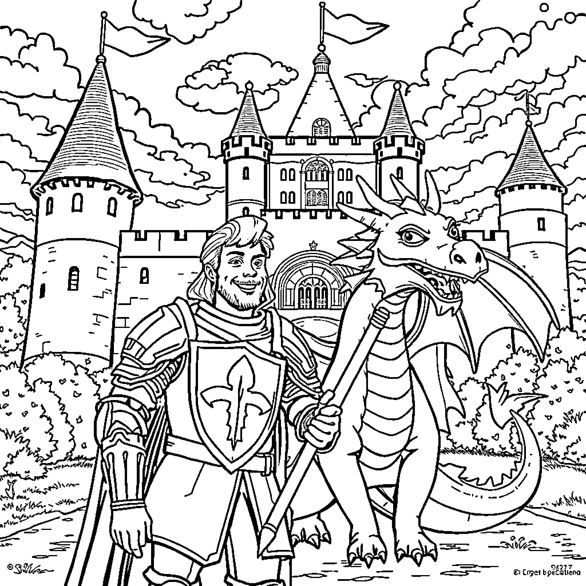 Chevalier and the Majestic Castle with Mythical Dragon Coloring Page (free black-and-white line drawing printable PDF for all, from beginners to advanced learners, including children, teens, adults, and seniors)
