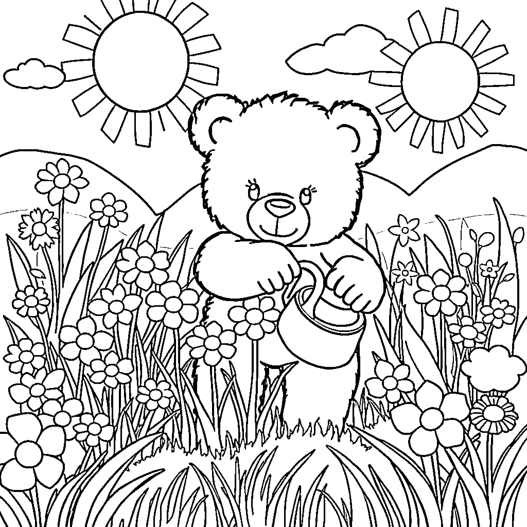 Teddy Bear exploring a sunny floral garden Coloring Page (free black-and-white line drawing printable PDF for all, from beginners to advanced learners, including children, teens, adults, and seniors)