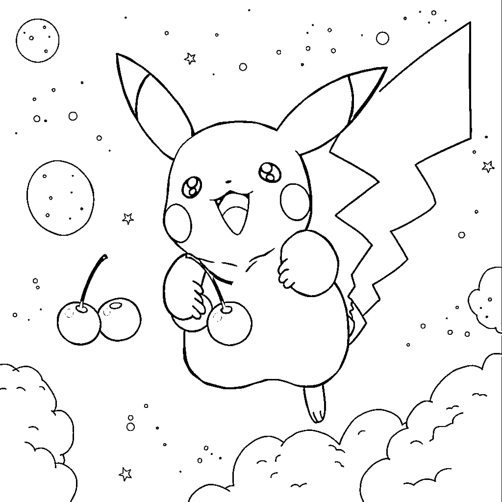 Pikachu enjoying starry night with cherries Coloring Page (free black-and-white line drawing printable PDF for all, from beginners to advanced learners, including children, teens, adults, and seniors)