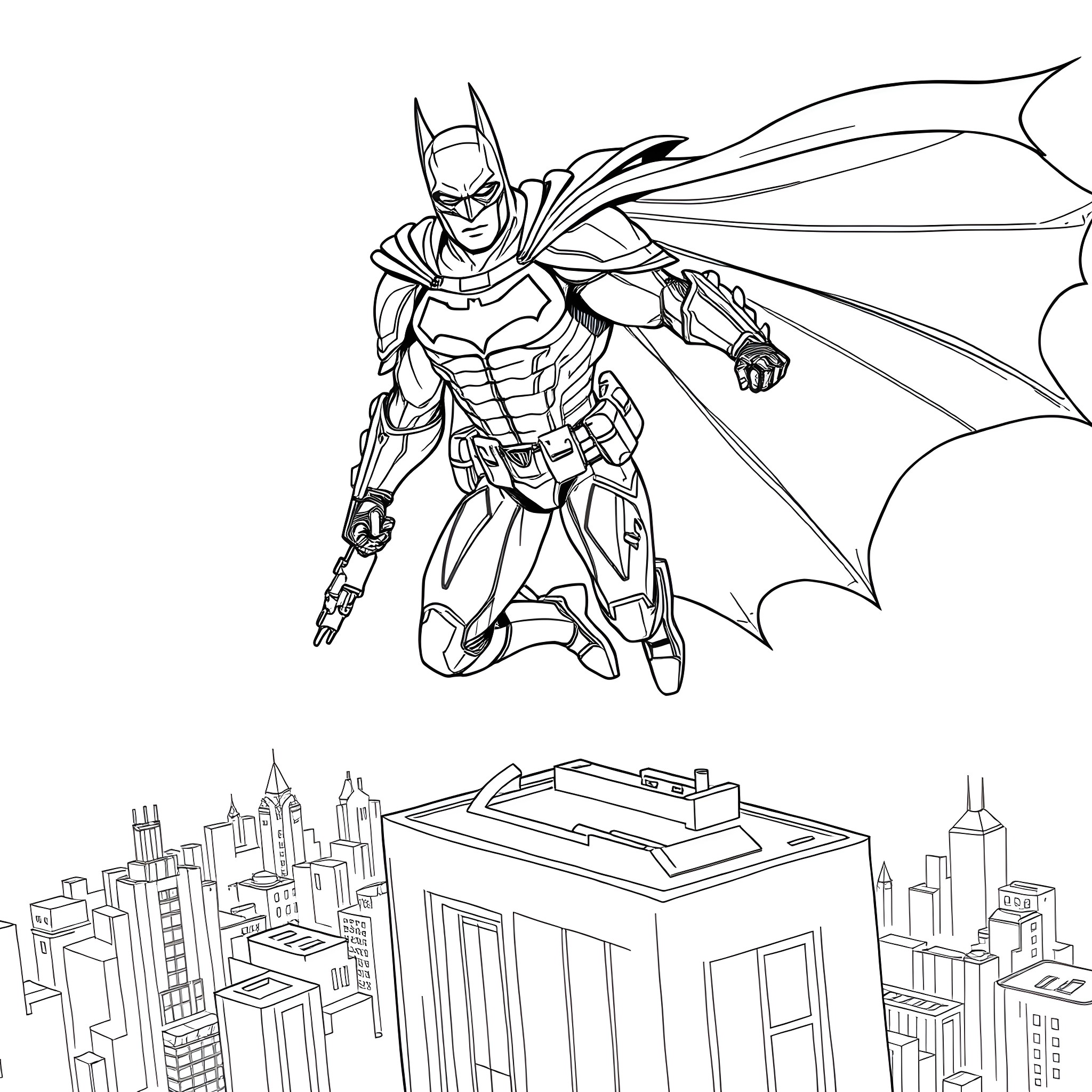Batman Soaring Over the City Coloring Page (free black-and-white line drawing printable PDF for all, from beginners to advanced learners, including children, teens, adults, and seniors)