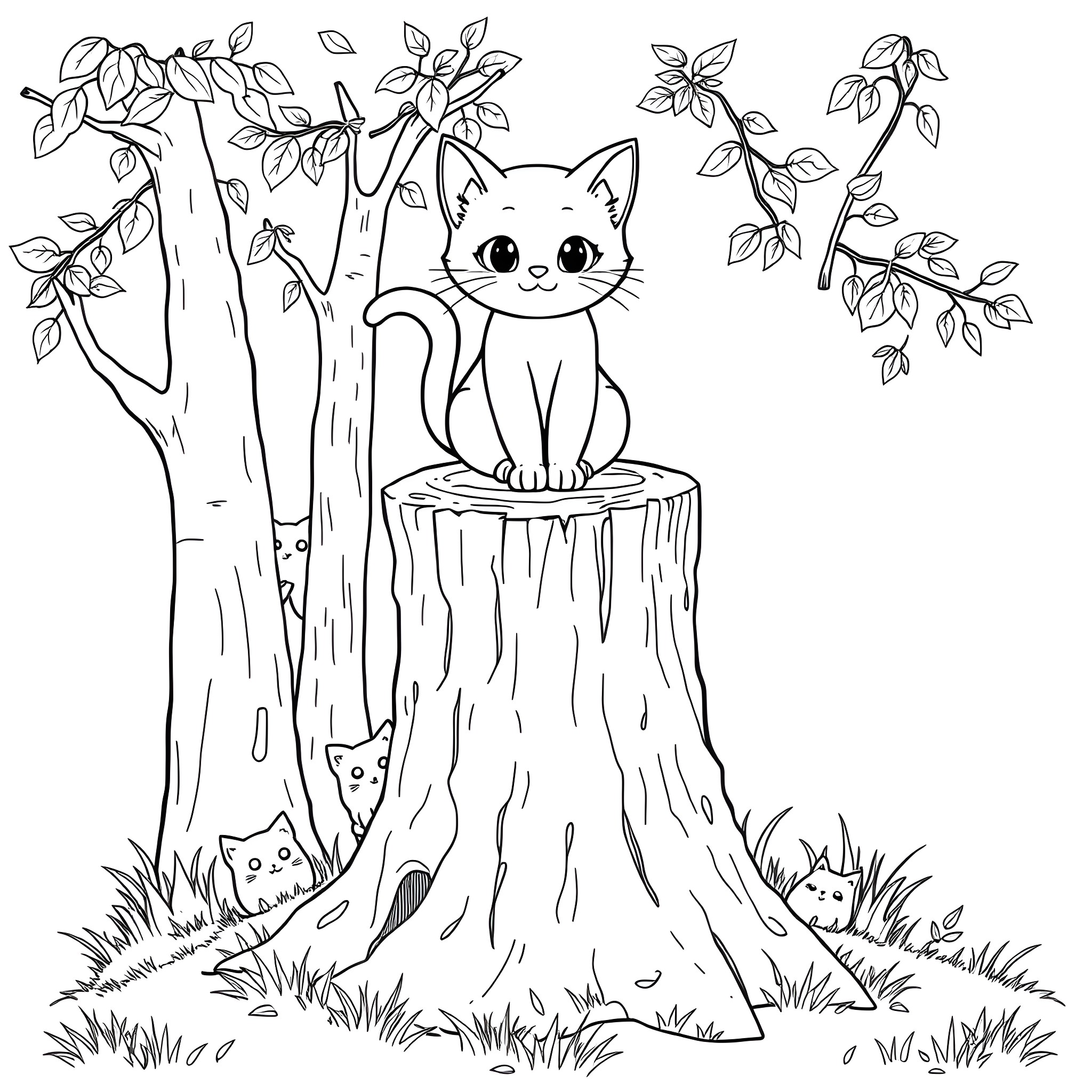 Cat playing on a tree stump in a forest Coloring Page (free black-and-white line drawing printable PDF for all, from beginners to advanced learners, including children, teens, adults, and seniors)