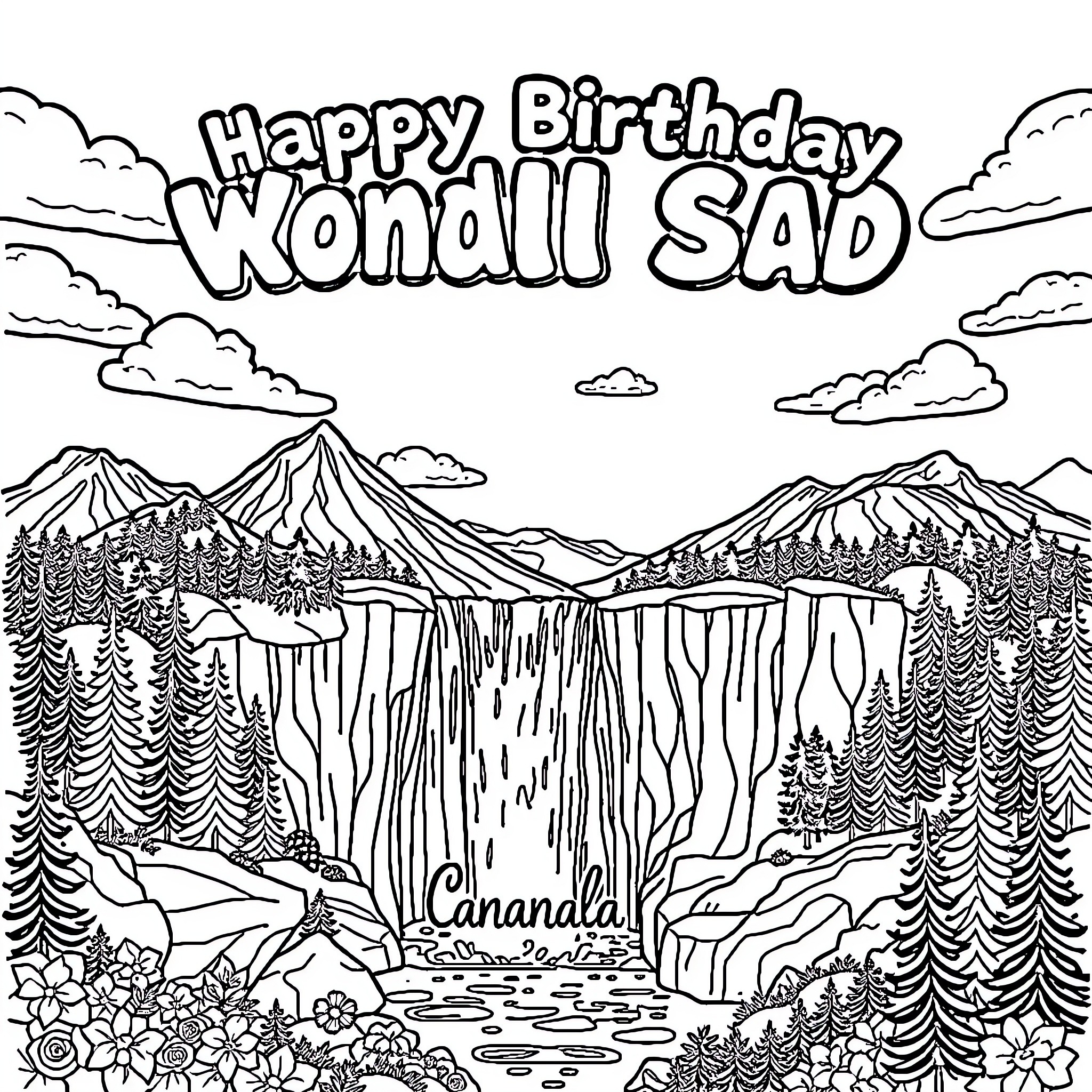 Canada's Wonderland: Mountainous Landscape with Happy Birthday Message Coloring Page (free black-and-white line drawing printable PDF for all, from beginners to advanced learners, including children, teens, adults, and seniors)