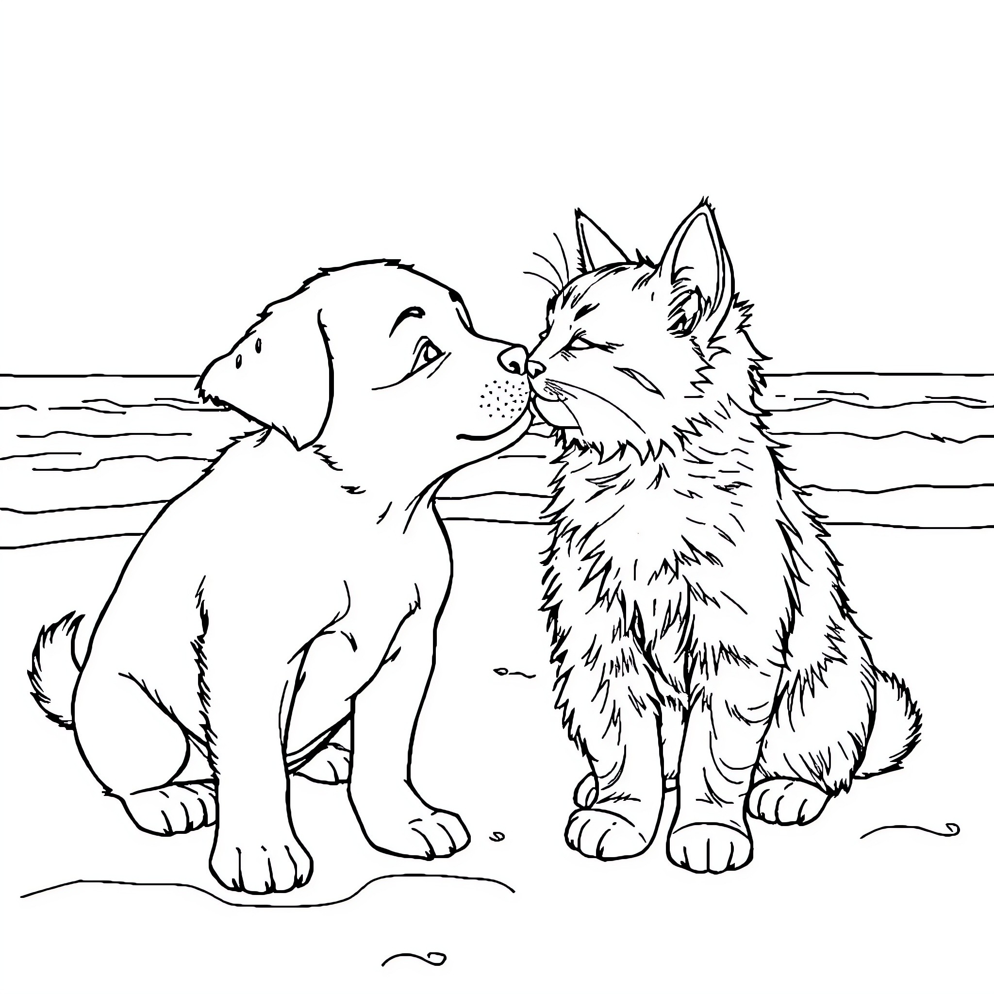 Dog and cat playing together at the beach Coloring Page (free black-and-white line drawing printable PDF for all, from beginners to advanced learners, including children, teens, adults, and seniors)