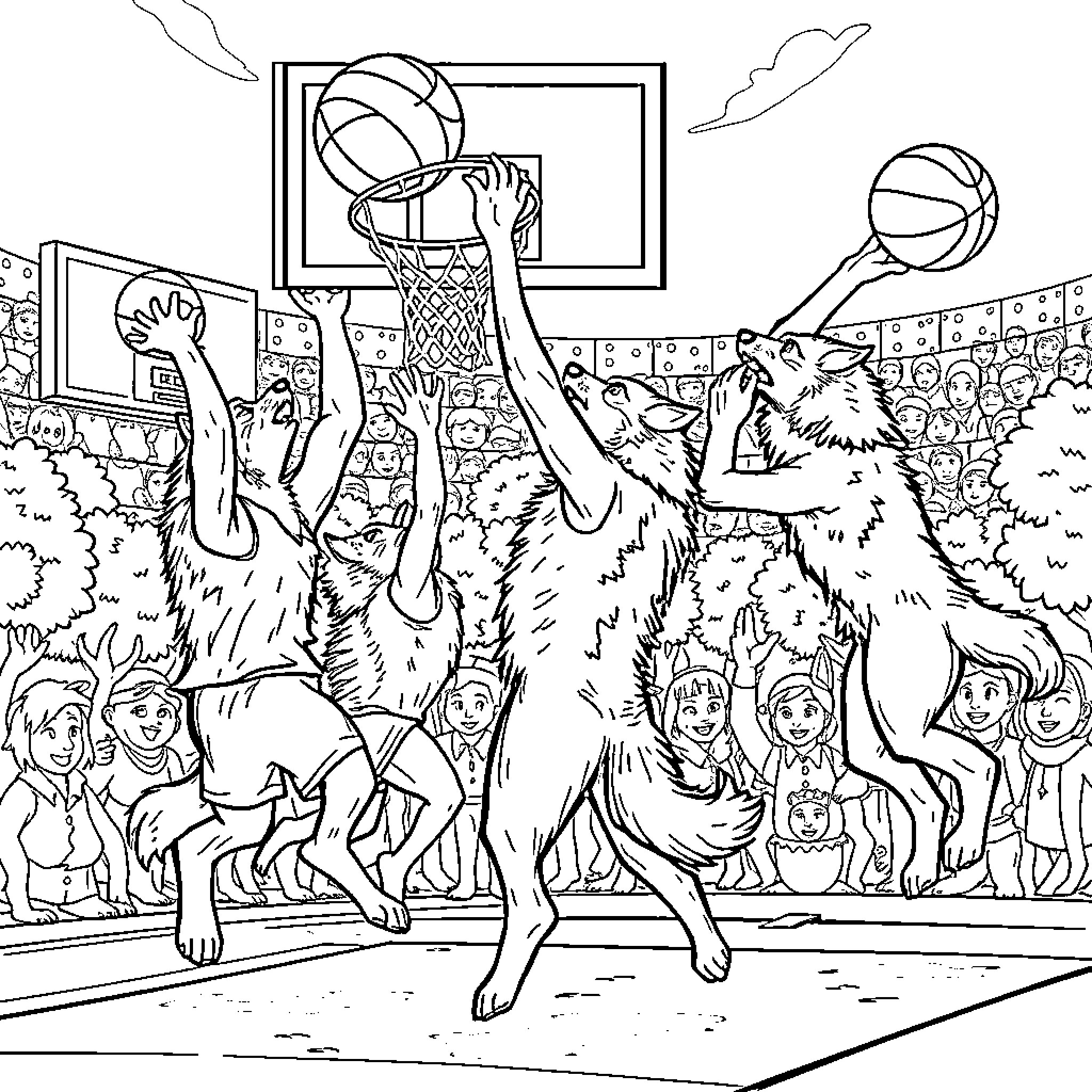 Wolf Basketball Game With Crowd Cheering Coloring Page (free black-and-white line drawing printable PDF for all, from beginners to advanced learners, including children, teens, adults, and seniors)