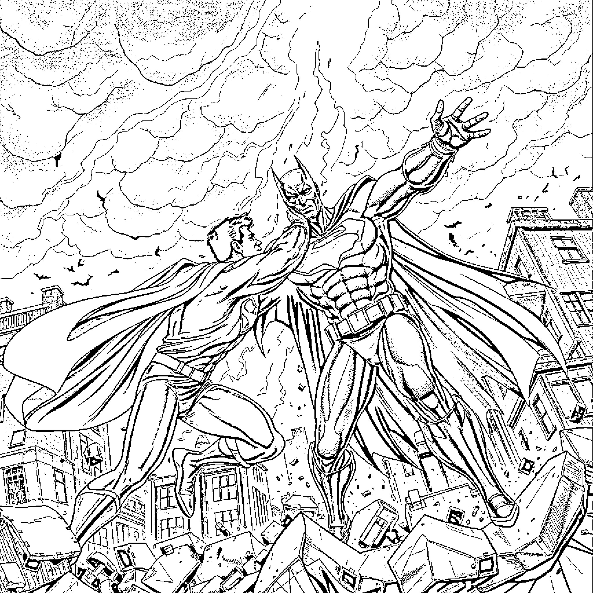 Superman soaring over a city in action Coloring Page (free black-and-white line drawing printable PDF for all, from beginners to advanced learners, including children, teens, adults, and seniors)