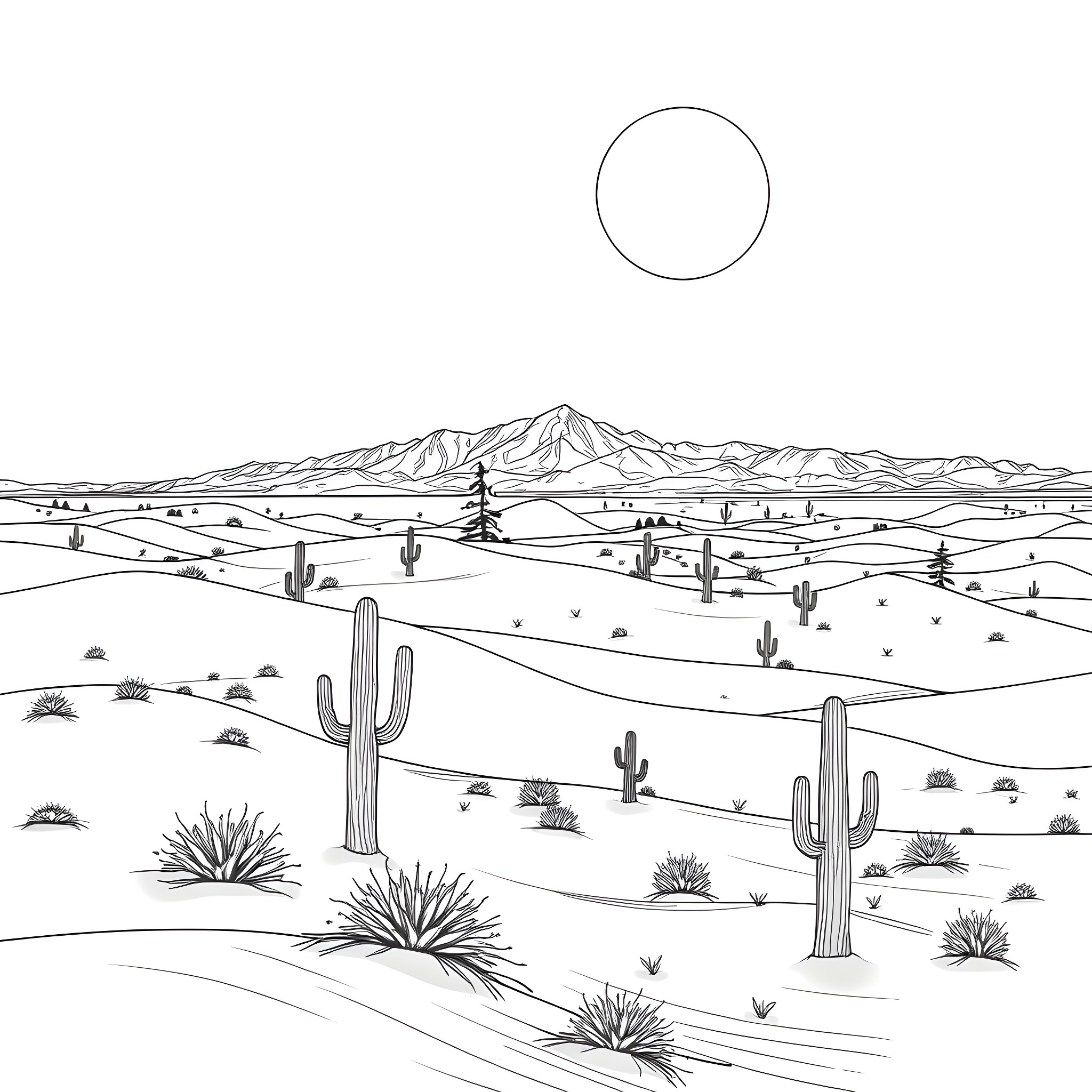 Desert landscape with mountains and cacti Coloring Page (free black-and-white line drawing printable PDF for all, from beginners to advanced learners, including children, teens, adults, and seniors)