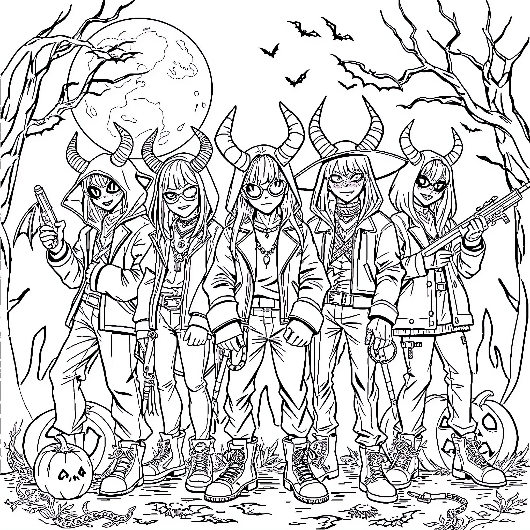 Demon Hunters in Spooky Nighttime Outing Coloring Page (free black-and-white line drawing printable PDF for all, from beginners to advanced learners, including children, teens, adults, and seniors)