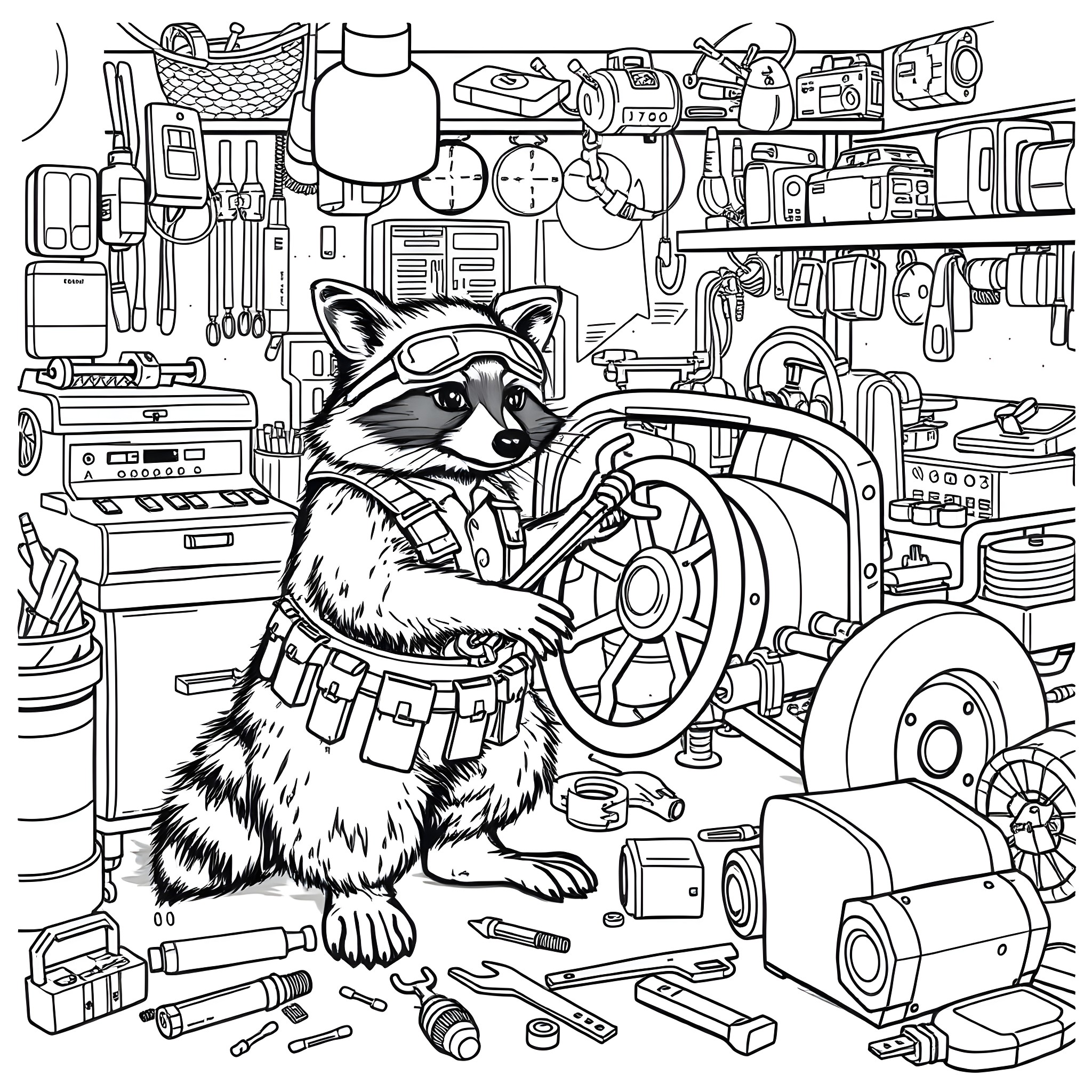Raccoon repairing tools in a cluttered workshop Coloring Page (free black-and-white line drawing printable PDF for all, from beginners to advanced learners, including children, teens, adults, and seniors)