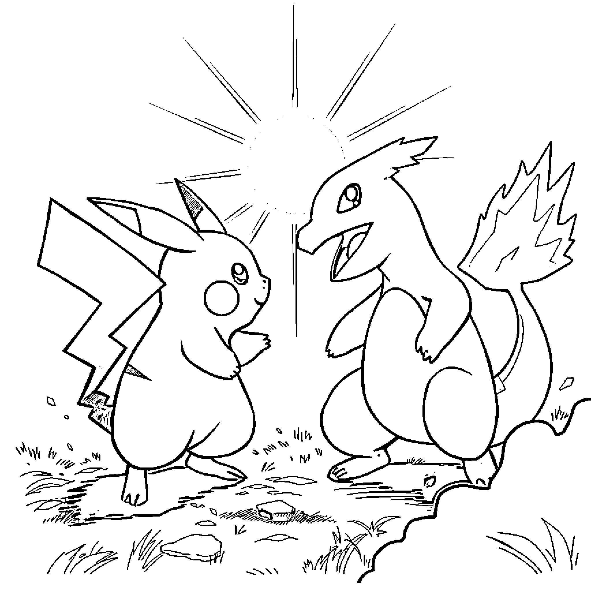 Pikachu and friends in the wild Coloring Page (free black-and-white line drawing printable PDF for all, from beginners to advanced learners, including children, teens, adults, and seniors)