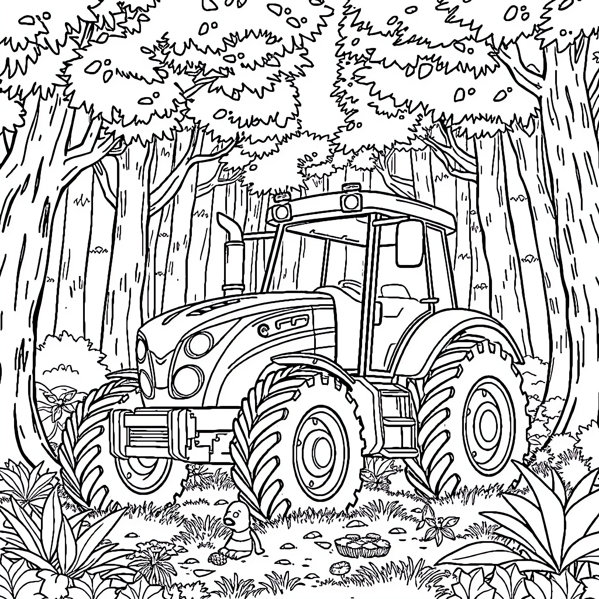Tractor navigating through a dense forest Coloring Page (free black-and-white line drawing printable PDF for all, from beginners to advanced learners, including children, teens, adults, and seniors)