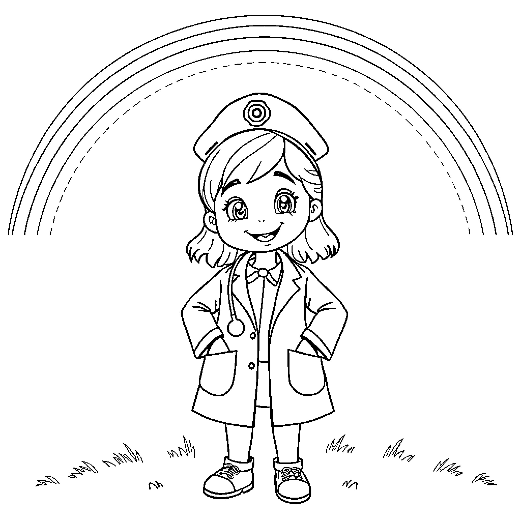 Doctor in training cheerfully caring for patients Coloring Page (free black-and-white line drawing printable PDF for all, from beginners to advanced learners, including children, teens, adults, and seniors)