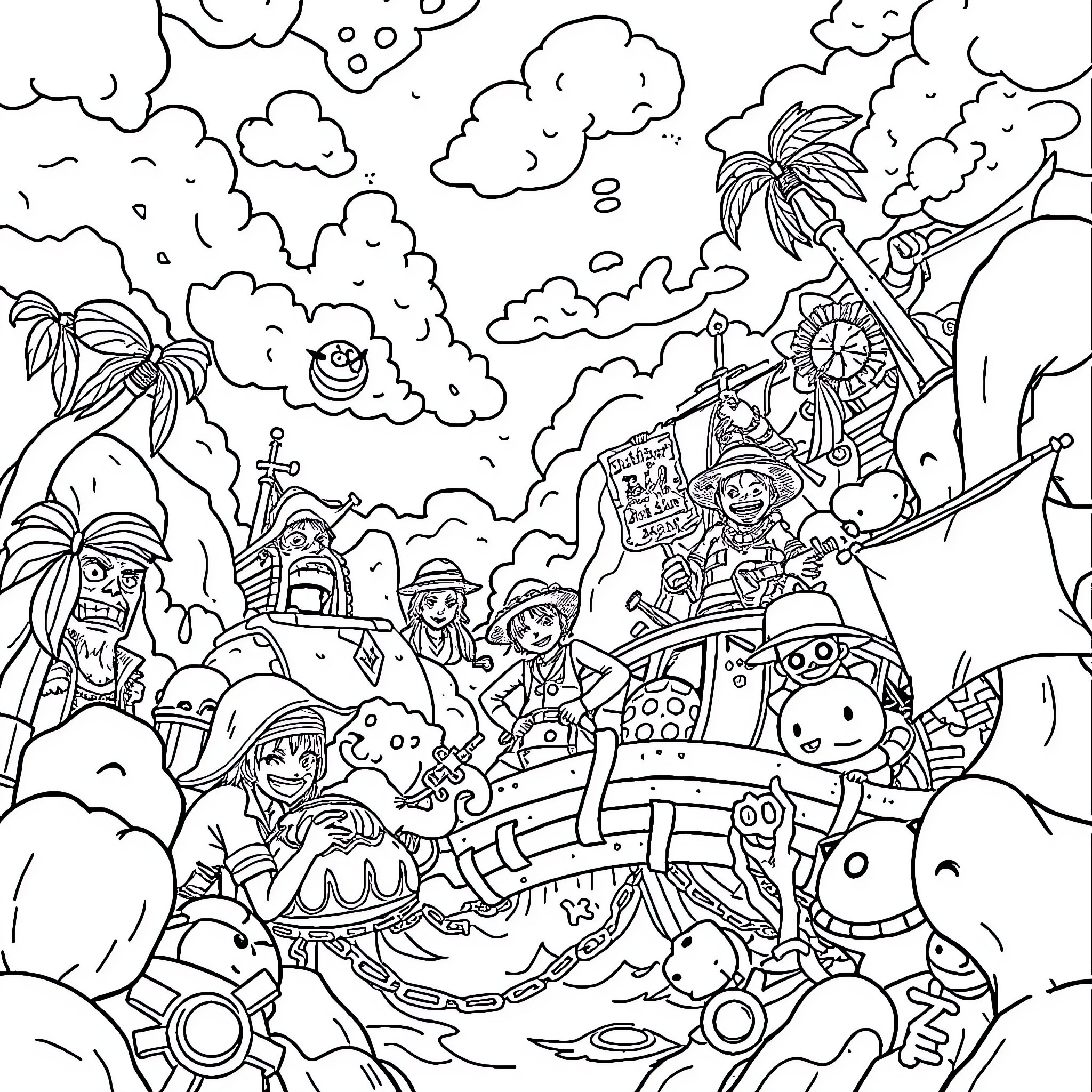 One Piece Characters in a Whimsical Adventure Coloring Page (free black-and-white line drawing printable PDF for all, from beginners to advanced learners, including children, teens, adults, and seniors)