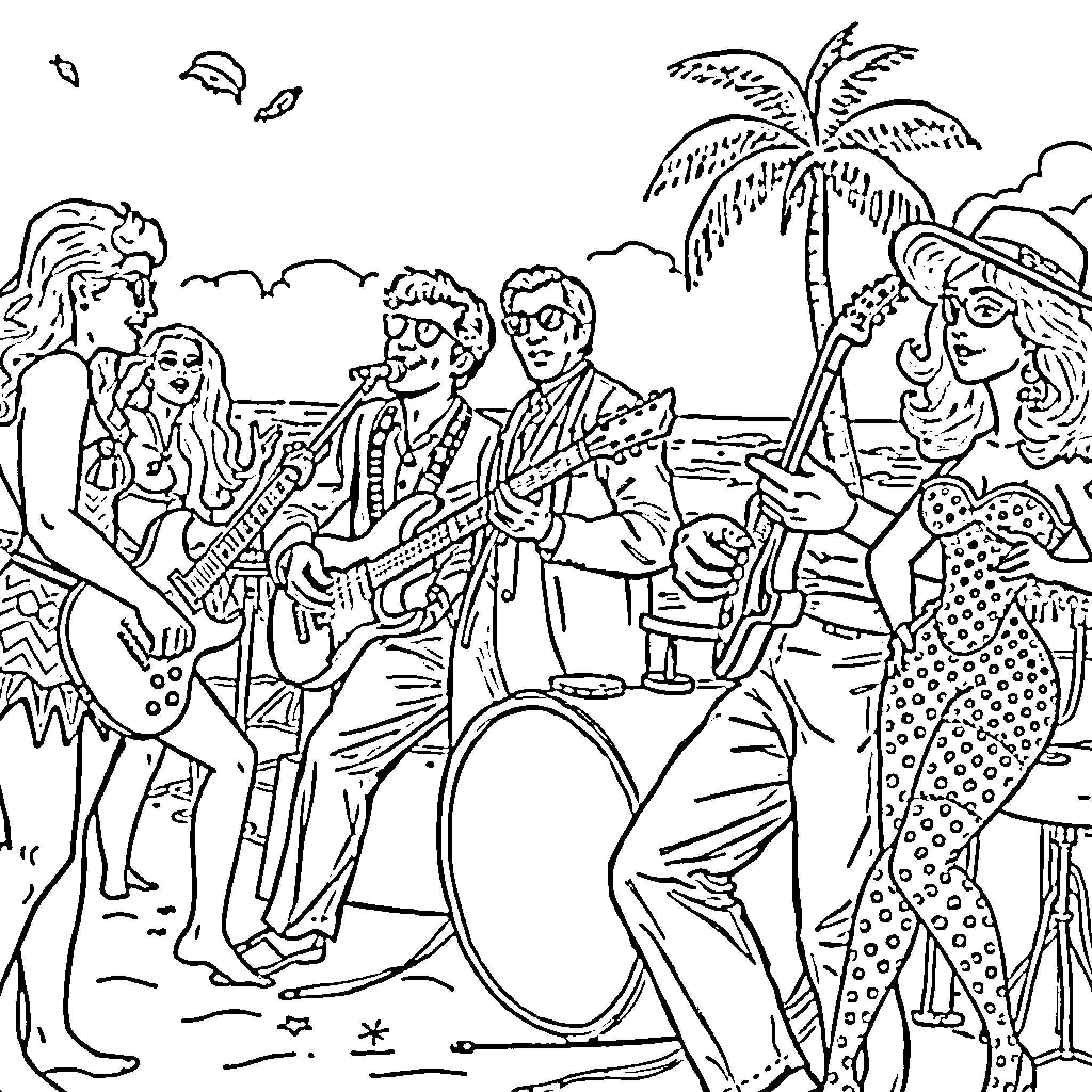 Beach Boy Music Performance on the Tropical Beach Coloring Page (free black-and-white line drawing printable PDF for all, from beginners to advanced learners, including children, teens, adults, and seniors)