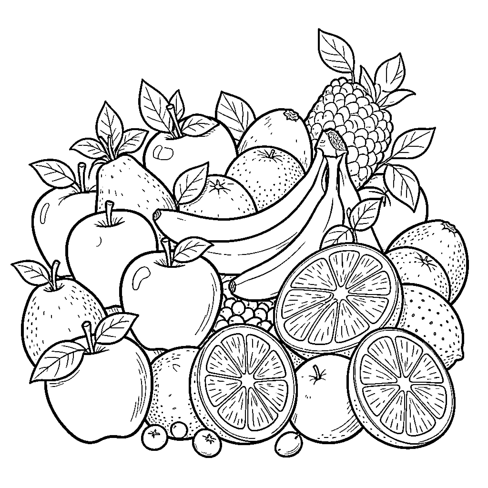 Fruit Basket with Varied Produce Coloring Page (free black-and-white line drawing printable PDF for all, from beginners to advanced learners, including children, teens, adults, and seniors)