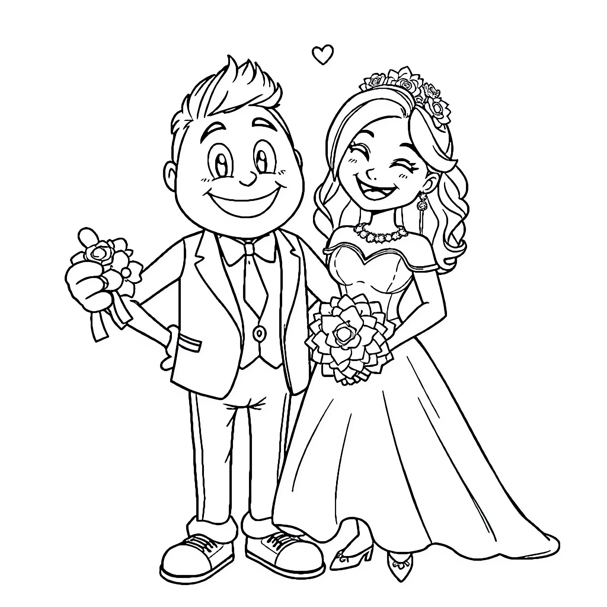 Otomedori Mac: Happy Couple's Wedding Celebration Coloring Page (free black-and-white line drawing printable PDF for all, from beginners to advanced learners, including children, teens, adults, and seniors)