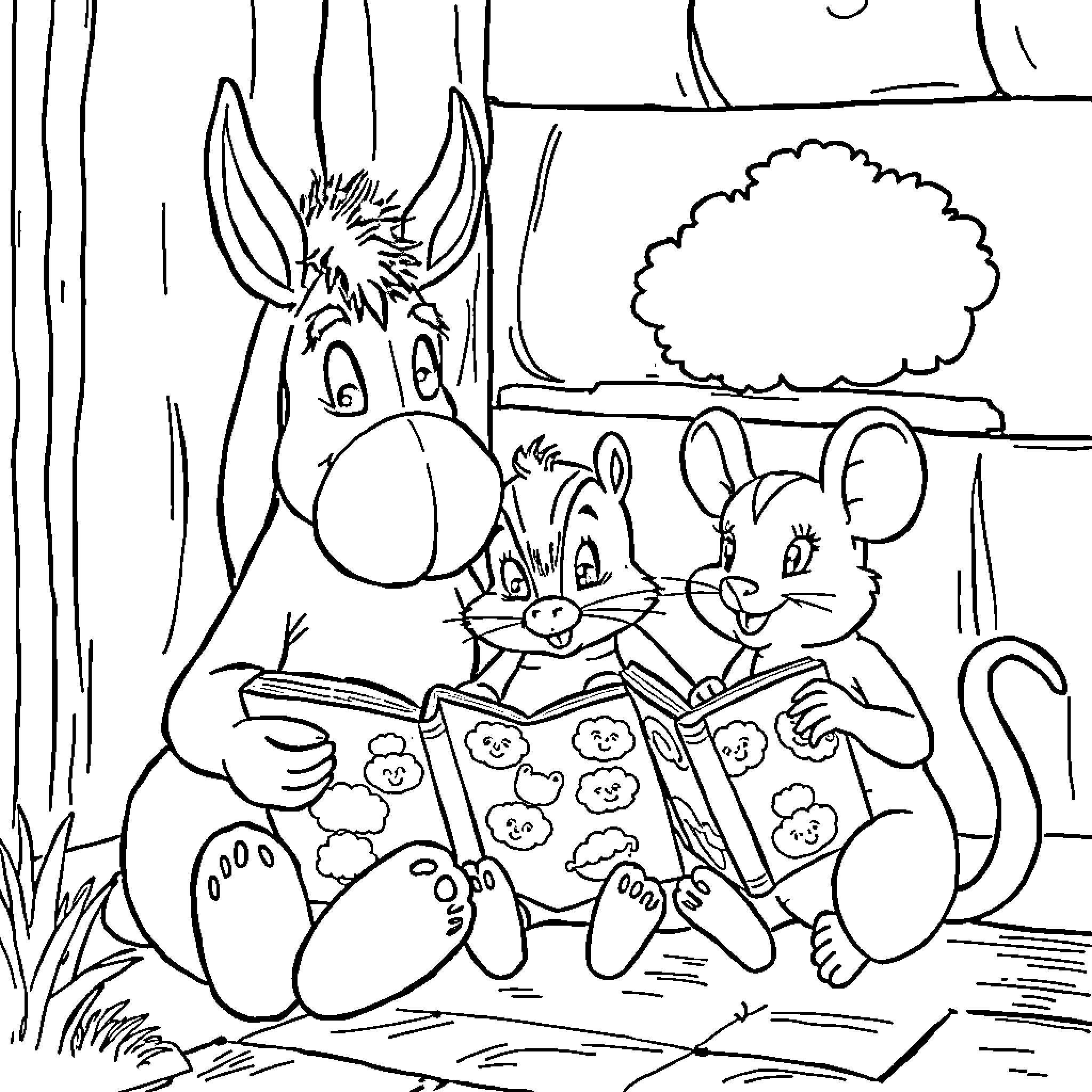 Eeyore reading with animal friends in the forest Coloring Page (free black-and-white line drawing printable PDF for all, from beginners to advanced learners, including children, teens, adults, and seniors)