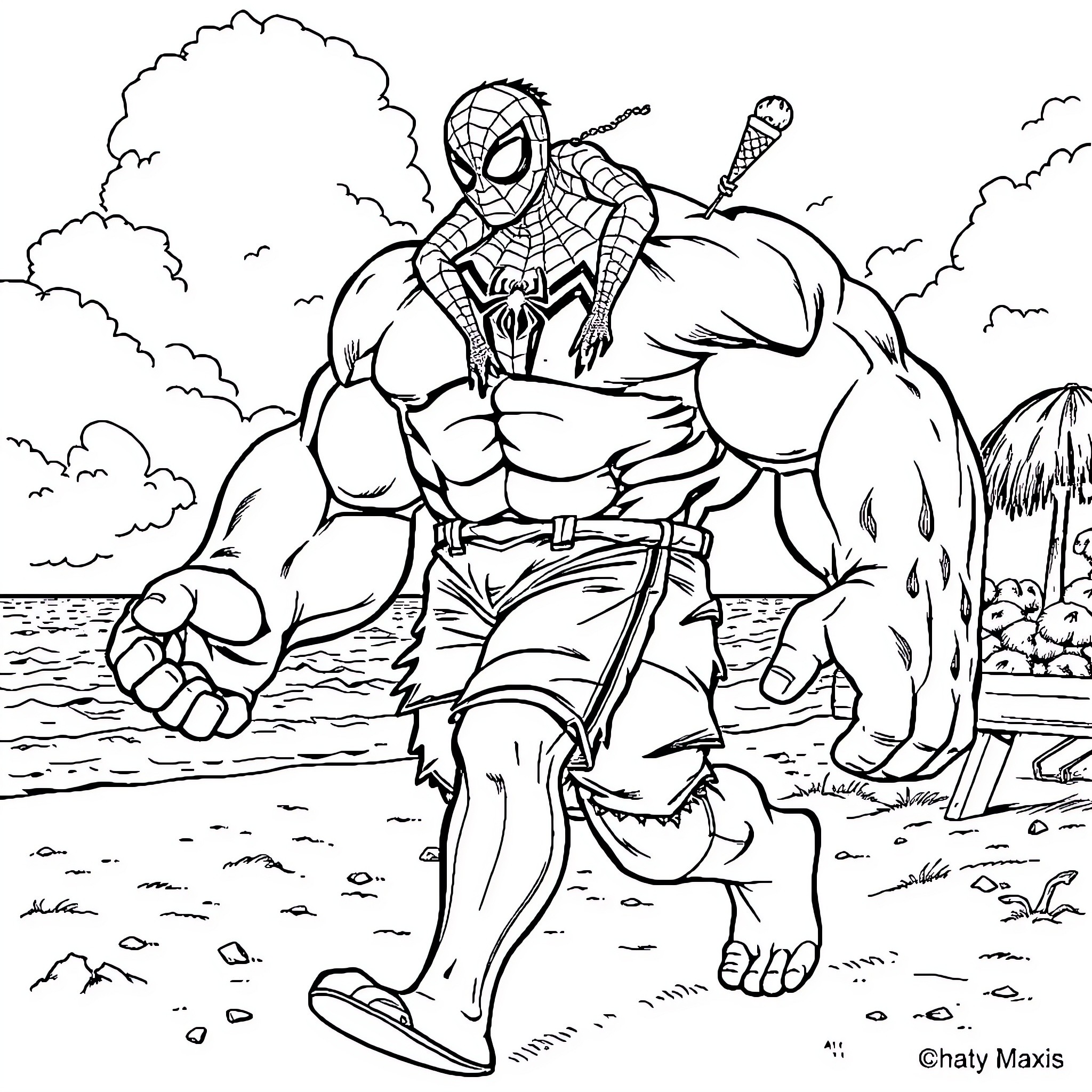 Spider-Man battling a giant hulk-like creature Coloring Page (free black-and-white line drawing printable PDF for all, from beginners to advanced learners, including children, teens, adults, and seniors)