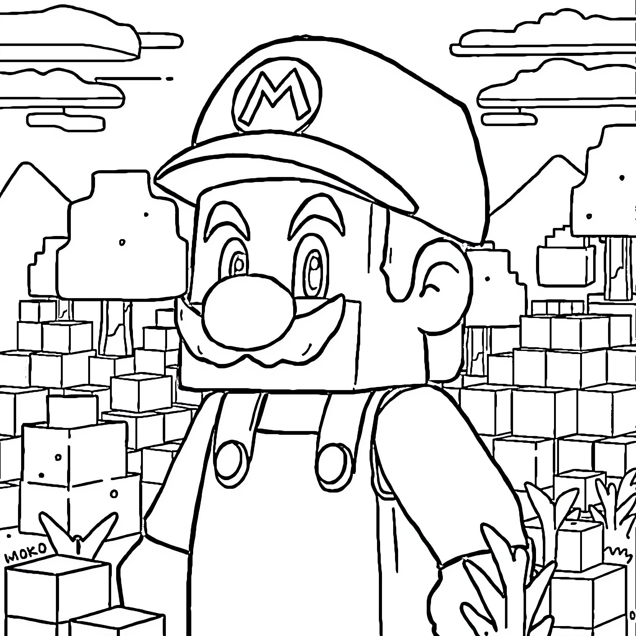 Minecraft Character Exploring a Cityscape Coloring Page (free black-and-white line drawing printable PDF for all, from beginners to advanced learners, including children, teens, adults, and seniors)