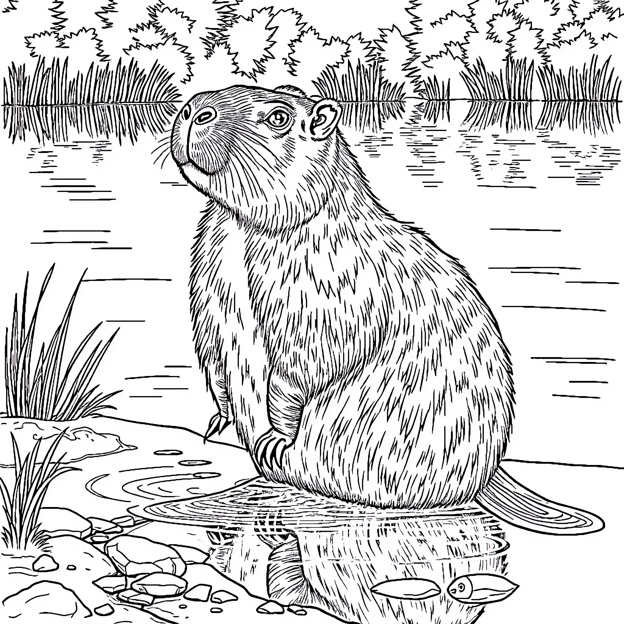 Capybara relaxing by the pond Coloring Page (free black-and-white line drawing printable PDF for all, from beginners to advanced learners, including children, teens, adults, and seniors)