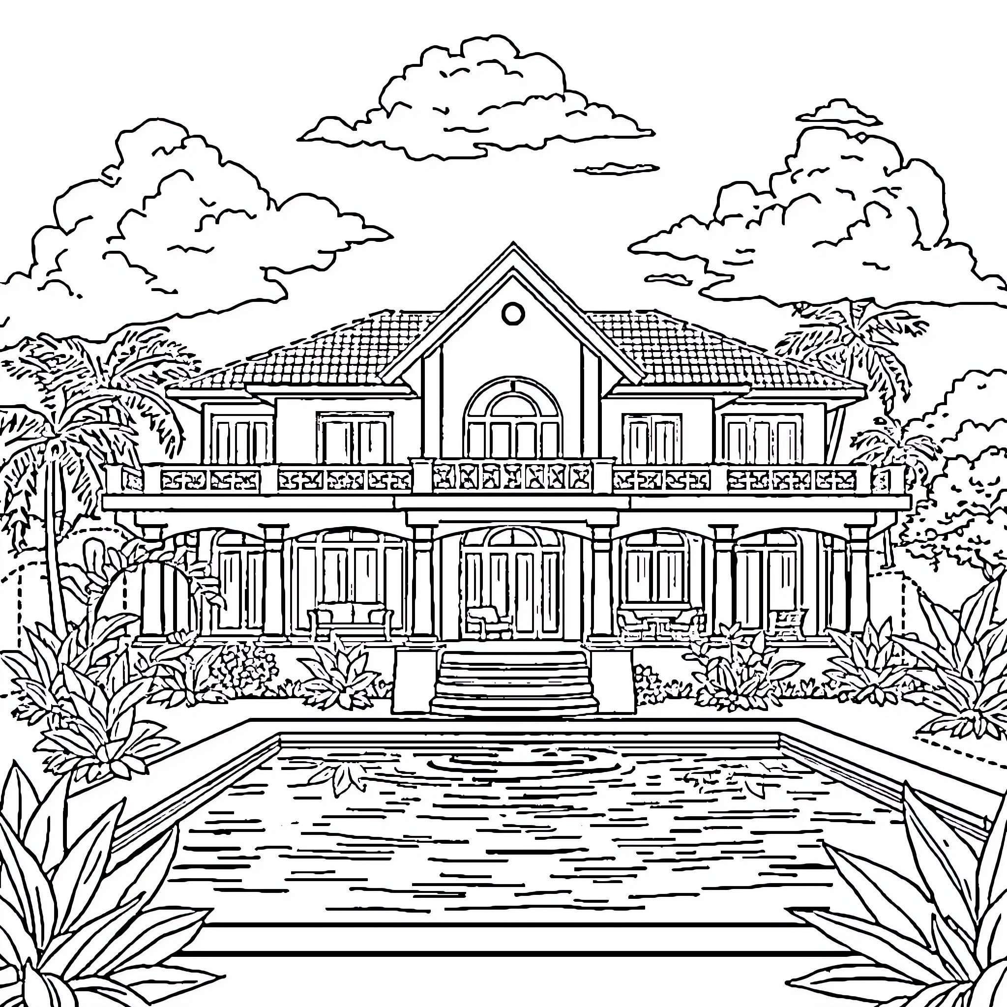 House by the Scenic Pool with Lush Vegetation Coloring Page (free black-and-white line drawing printable PDF for all, from beginners to advanced learners, including children, teens, adults, and seniors)