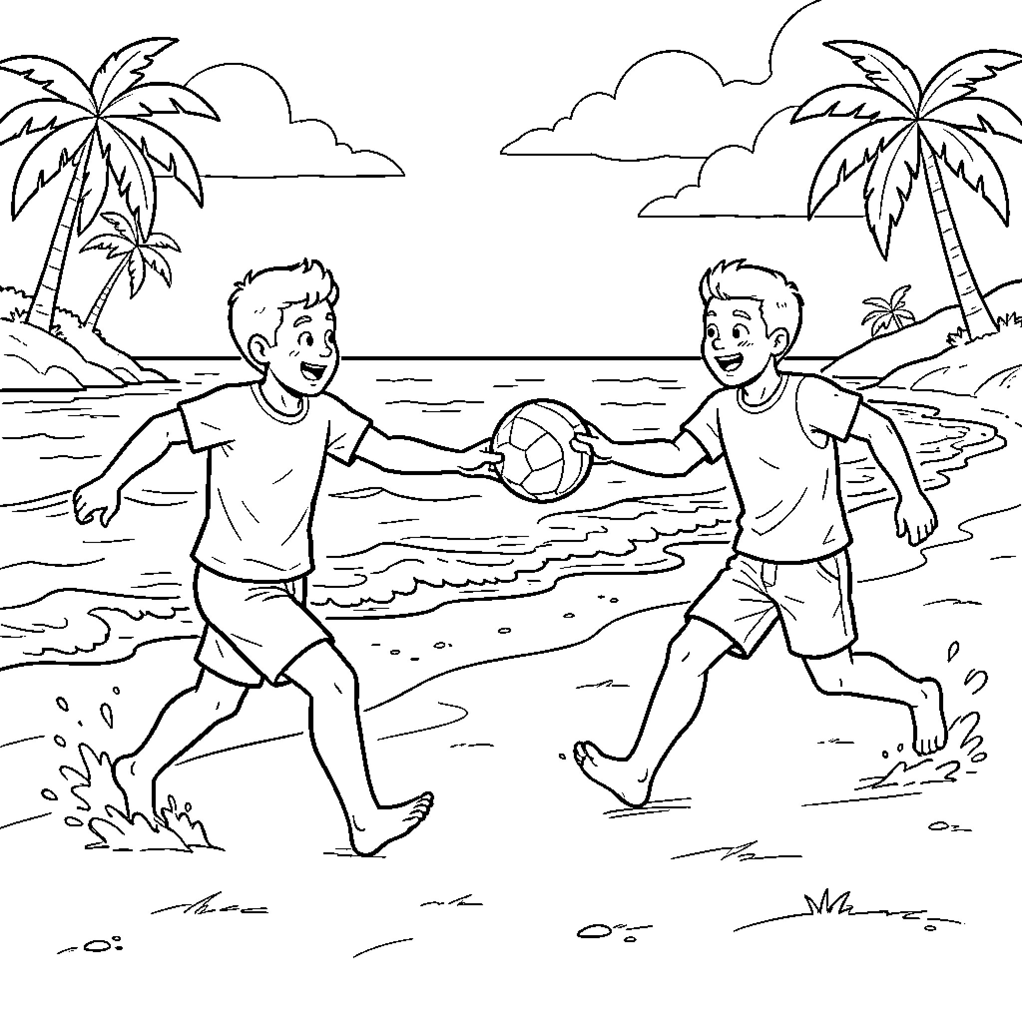 Joueur de volley jouant joyeusement sur la plage Coloring Page (free black-and-white line drawing printable PDF for all, from beginners to advanced learners, including children, teens, adults, and seniors)