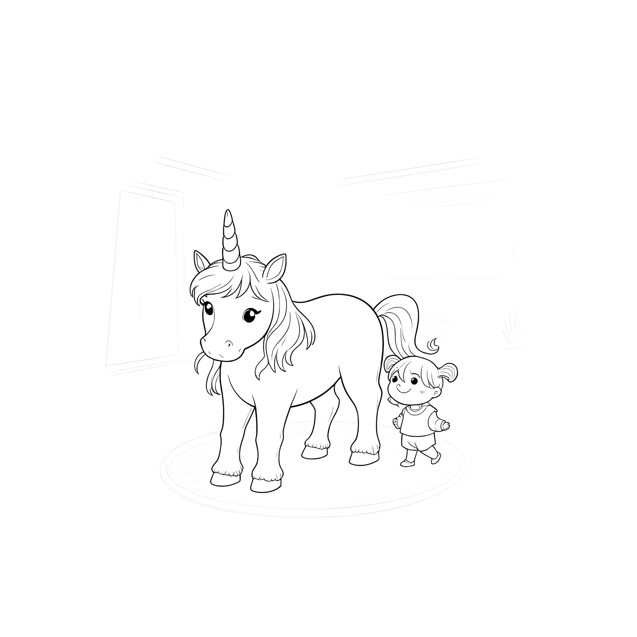 Unicorn and child exploring the world Coloring Page (free black-and-white line drawing printable PDF for all, from beginners to advanced learners, including children, teens, adults, and seniors)