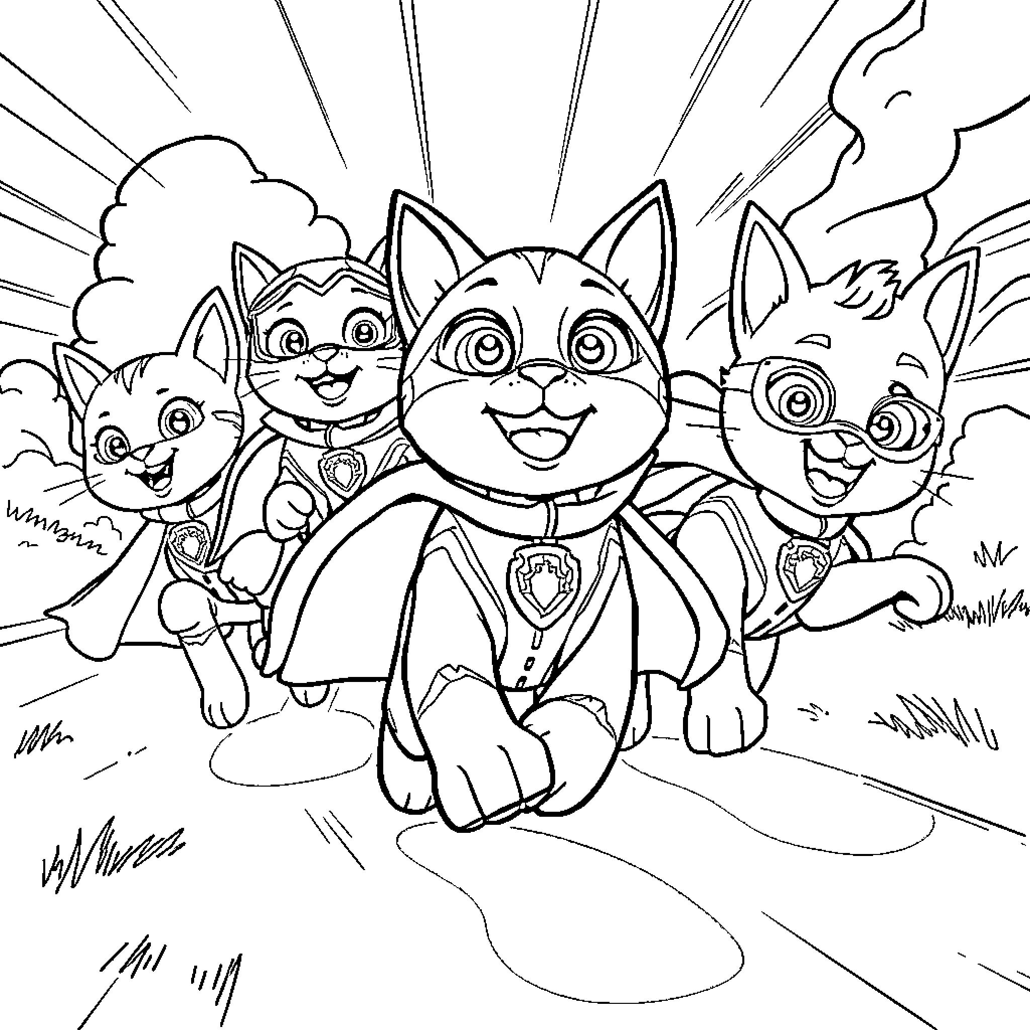 Kitty Superheroes Saving the Day Coloring Page (free black-and-white line drawing printable PDF for all, from beginners to advanced learners, including children, teens, adults, and seniors)