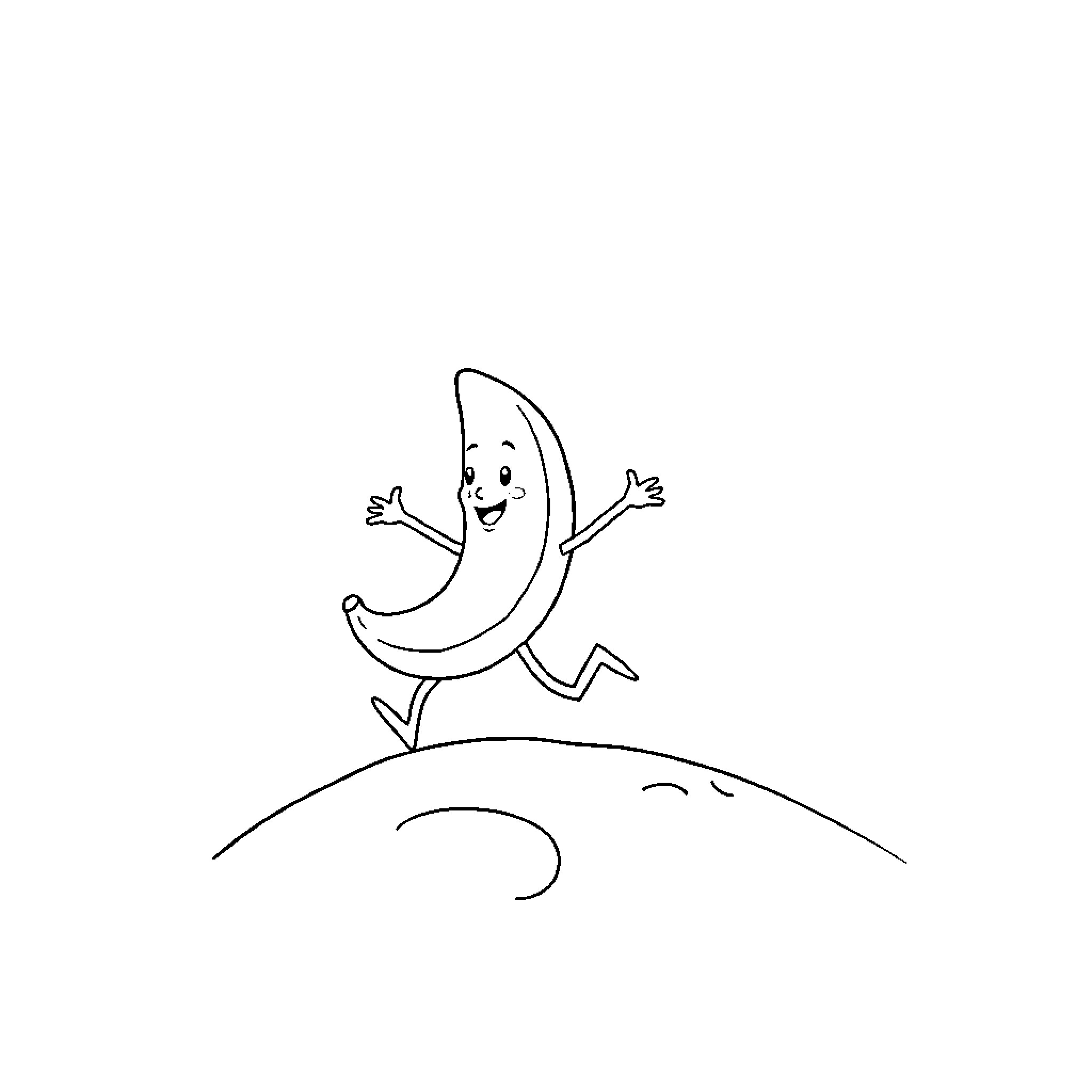 Banana jumping with joy on a hill Coloring Page (free black-and-white line drawing printable PDF for all, from beginners to advanced learners, including children, teens, adults, and seniors)