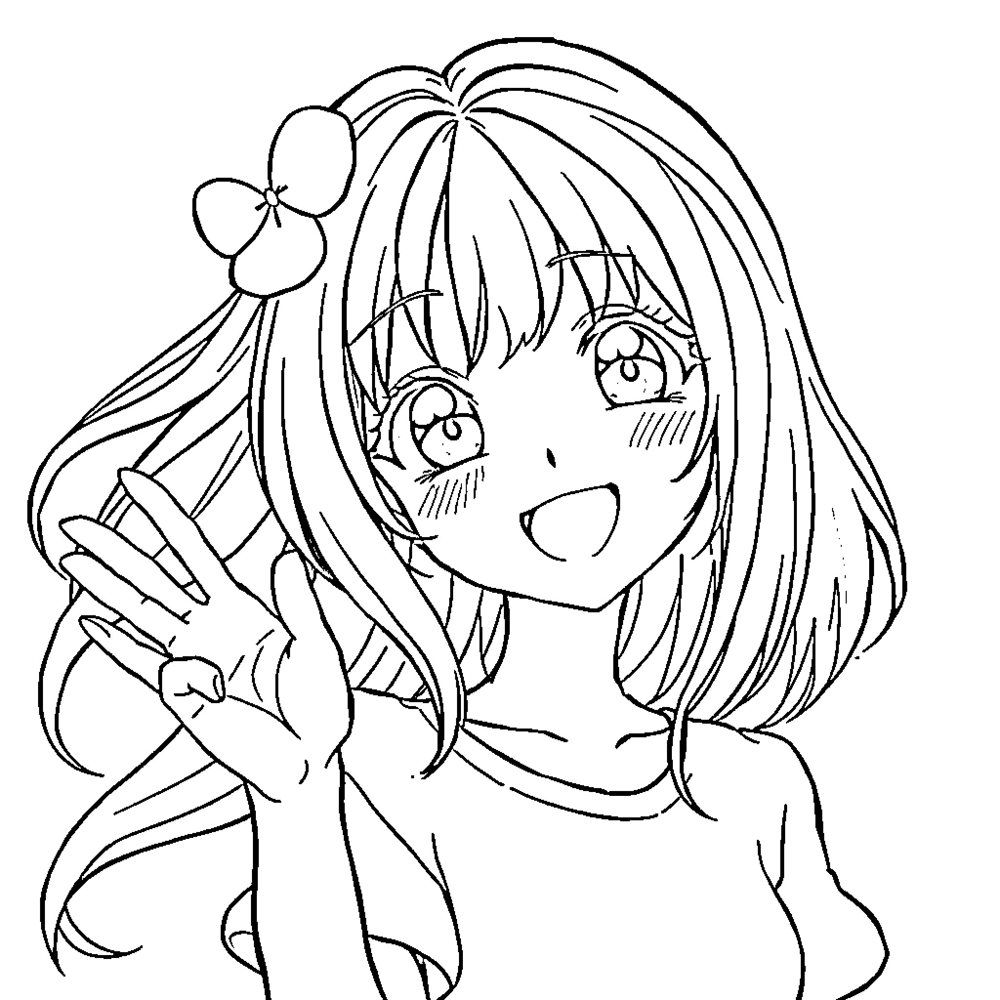 Anime Girl making a peace sign with a cheerful expression Coloring Page (free black-and-white line drawing printable PDF for all, from beginners to advanced learners, including children, teens, adults, and seniors)