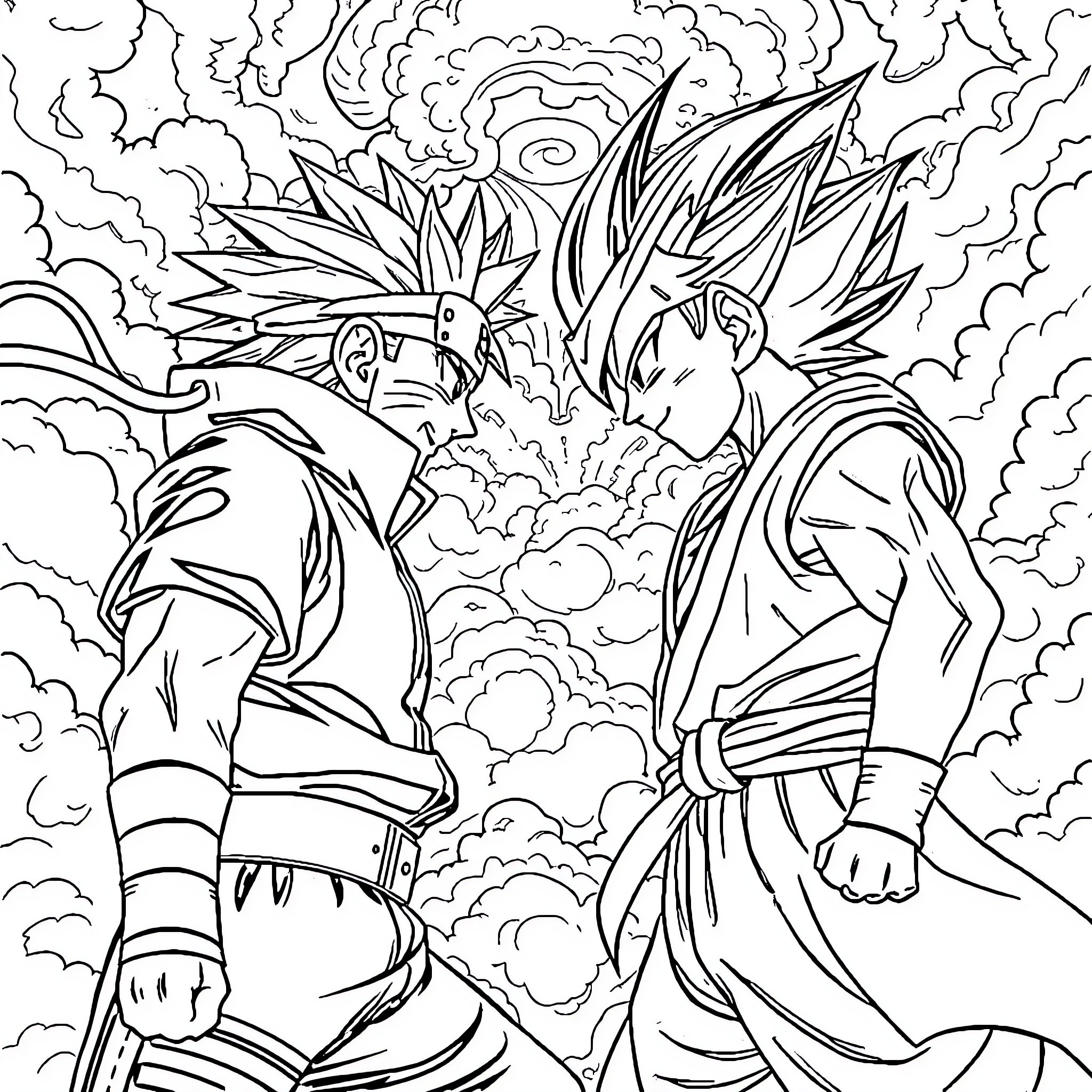 Naruto characters engaged in intense battle Coloring Page (free black-and-white line drawing printable PDF for all, from beginners to advanced learners, including children, teens, adults, and seniors)