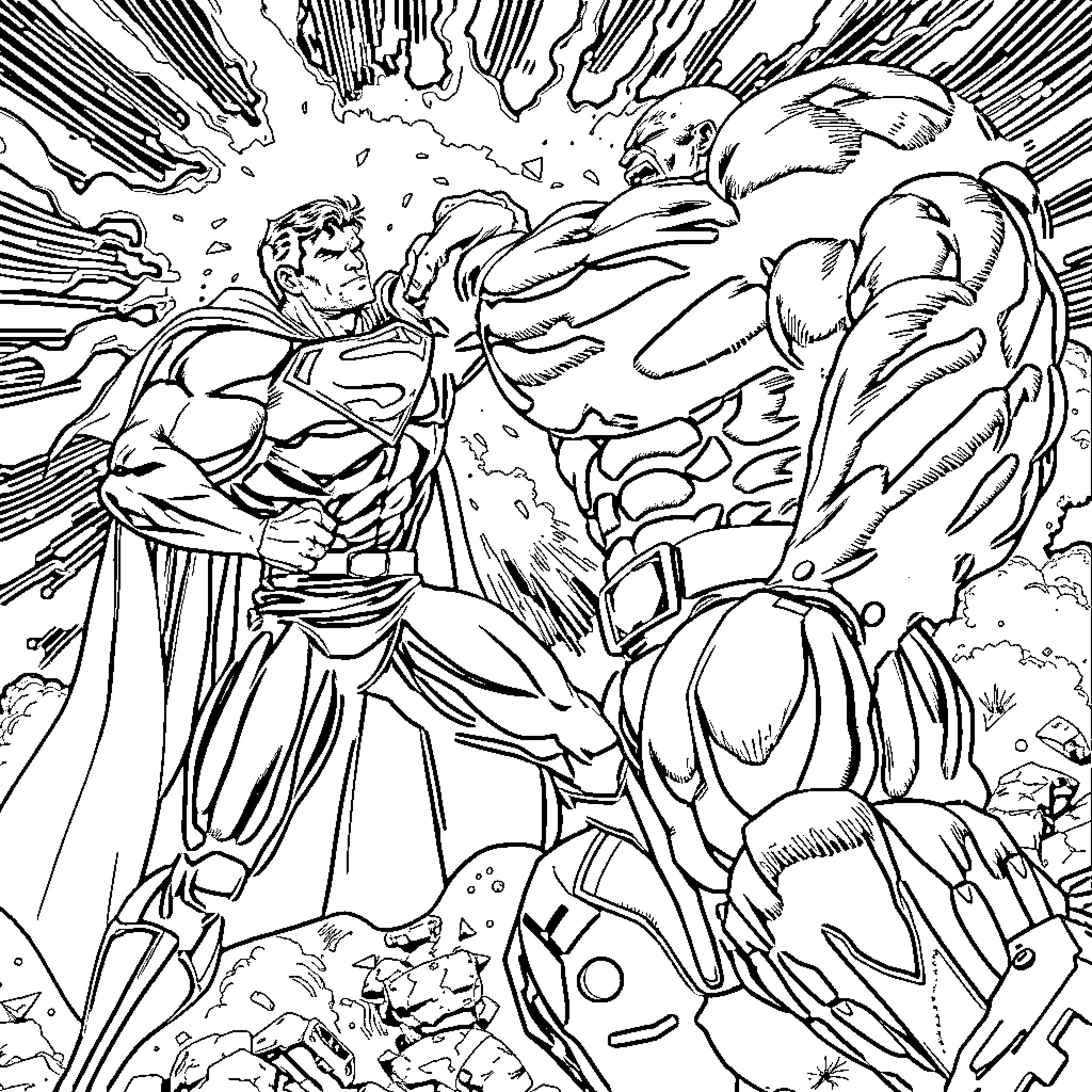 Superman battling powerful enemies in epic confrontation Coloring Page (free black-and-white line drawing printable PDF for all, from beginners to advanced learners, including children, teens, adults, and seniors)