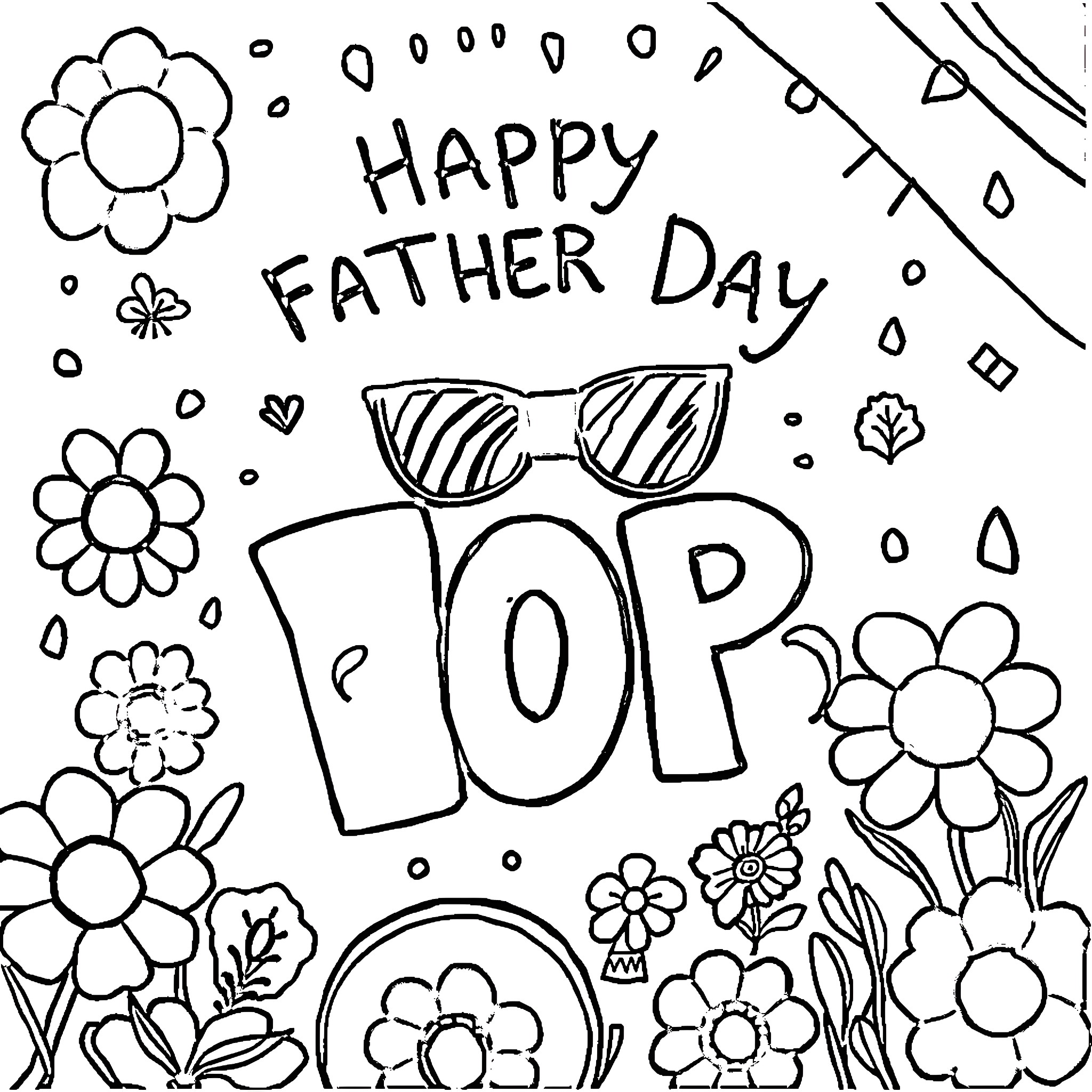 Father's day celebration with playful expressions and floral elements Coloring Page (free black-and-white line drawing printable PDF for all, from beginners to advanced learners, including children, teens, adults, and seniors)