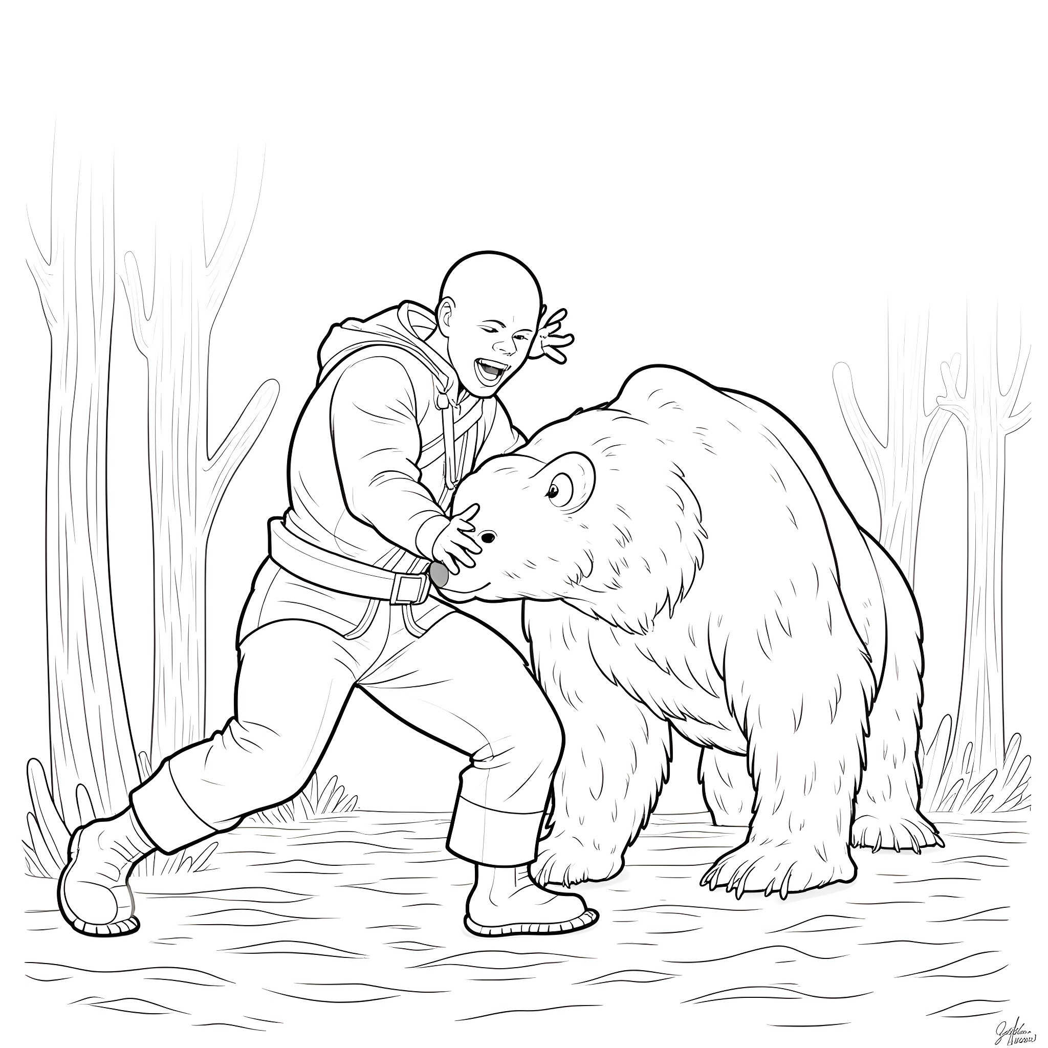 Miles Morales hugging a large furry creature in the forest Coloring Page (free black-and-white line drawing printable PDF for all, from beginners to advanced learners, including children, teens, adults, and seniors)