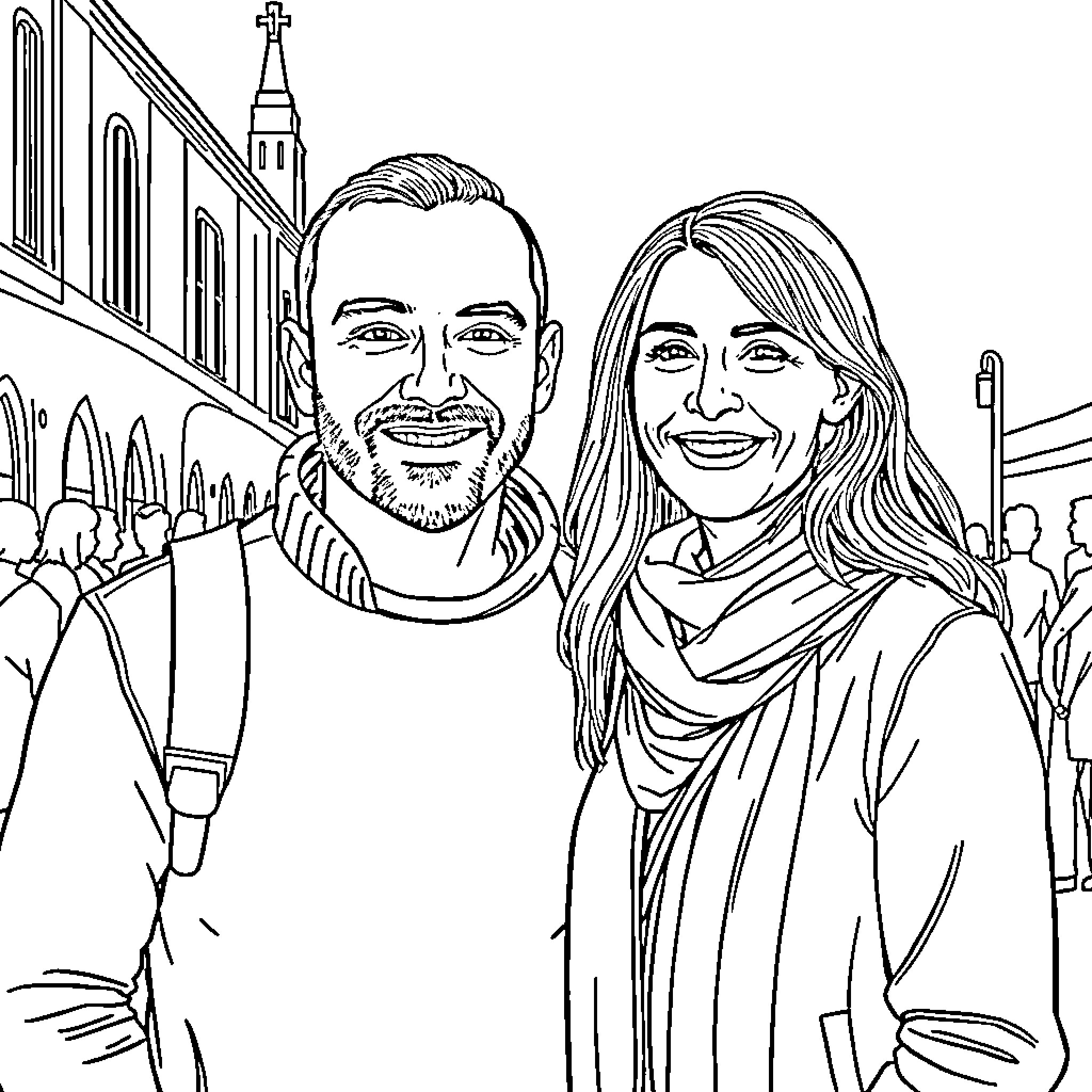 Tobias and Sophia enjoying a cheerful outing Coloring Page (free black-and-white line drawing printable PDF for all, from beginners to advanced learners, including children, teens, adults, and seniors)