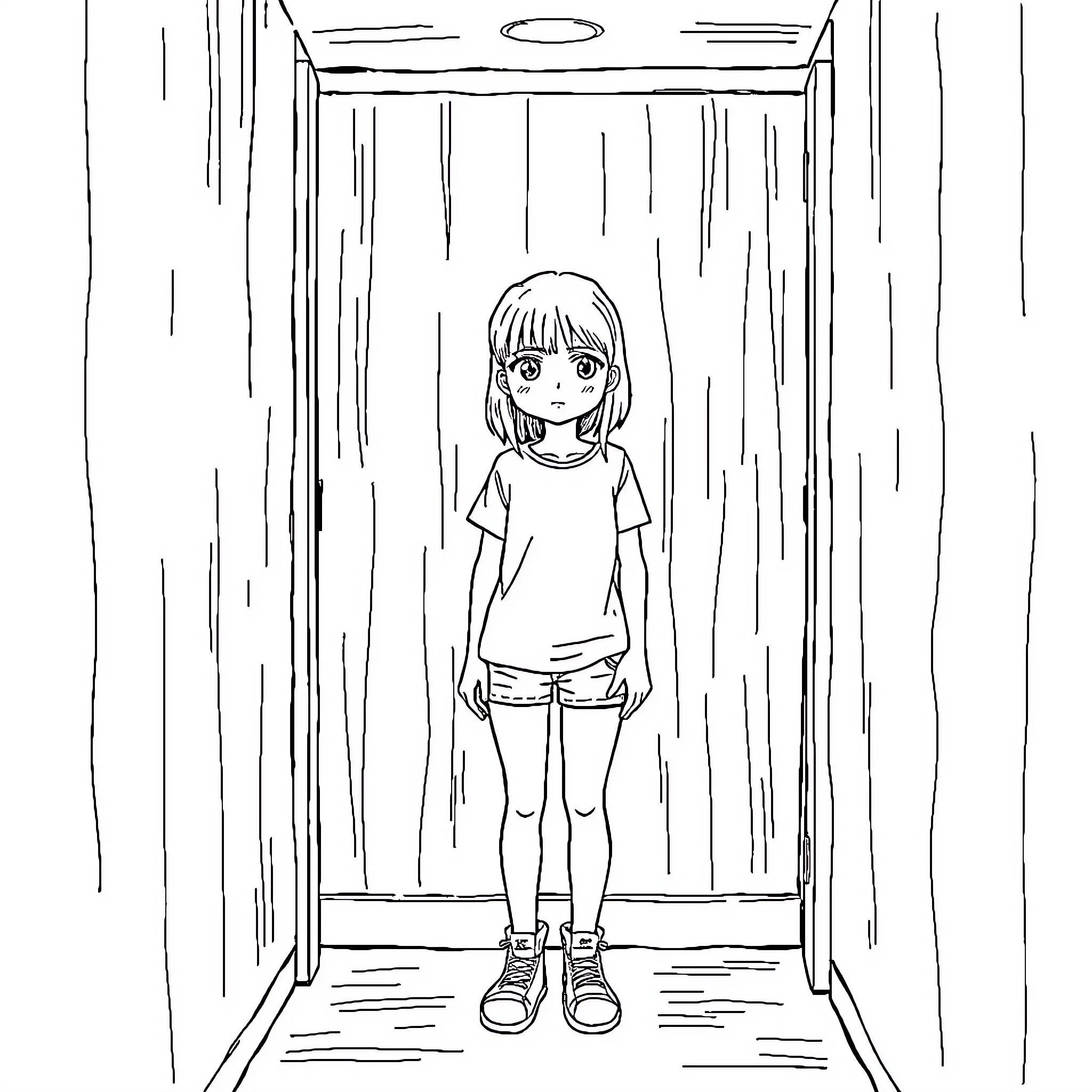 Teenage Girl Standing in a Hallway Coloring Page (free black-and-white line drawing printable PDF for all, from beginners to advanced learners, including children, teens, adults, and seniors)