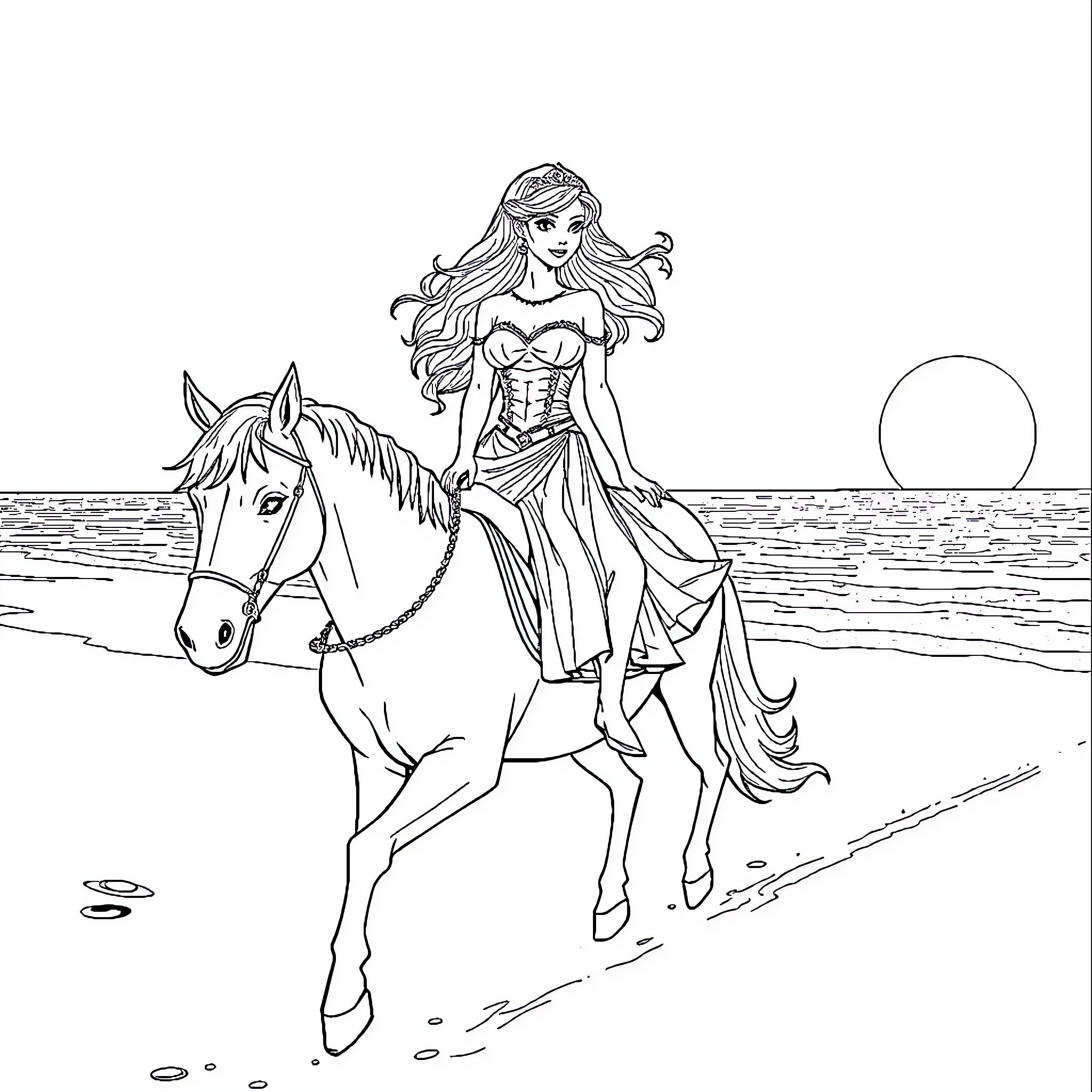 Princess Riding a Majestic Horse on the Beach Coloring Page (free black-and-white line drawing printable PDF for all, from beginners to advanced learners, including children, teens, adults, and seniors)