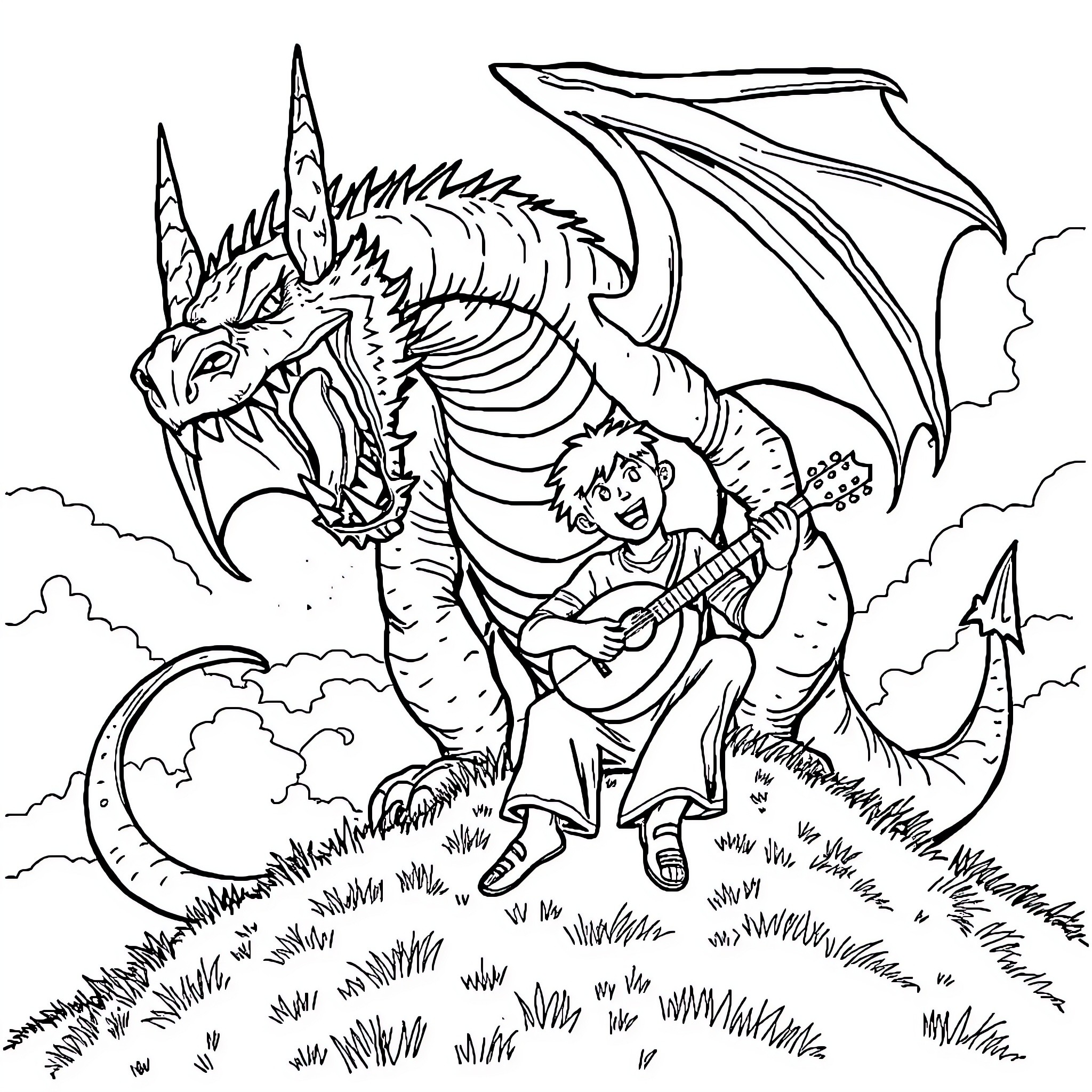 Dragon sings joyfully with a human companion Coloring Page (free black-and-white line drawing printable PDF for all, from beginners to advanced learners, including children, teens, adults, and seniors)