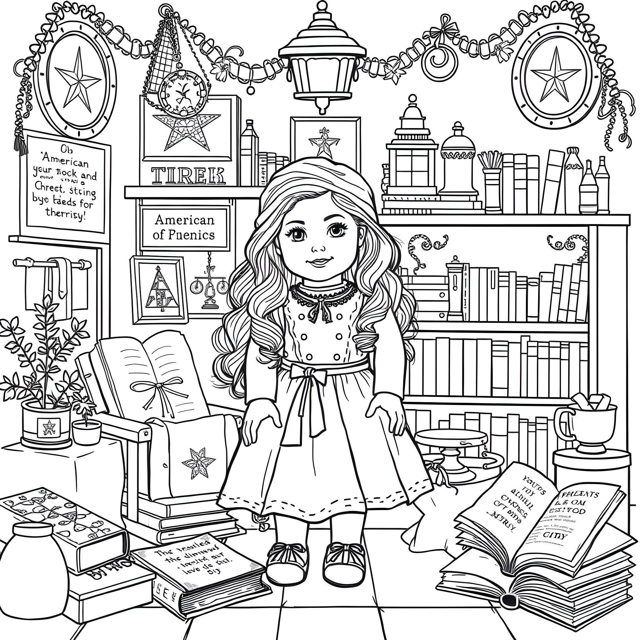 American Girl in a Cozy Bookshop Surrounded by Festive Decor Coloring Page (free black-and-white line drawing printable PDF for all, from beginners to advanced learners, including children, teens, adults, and seniors)