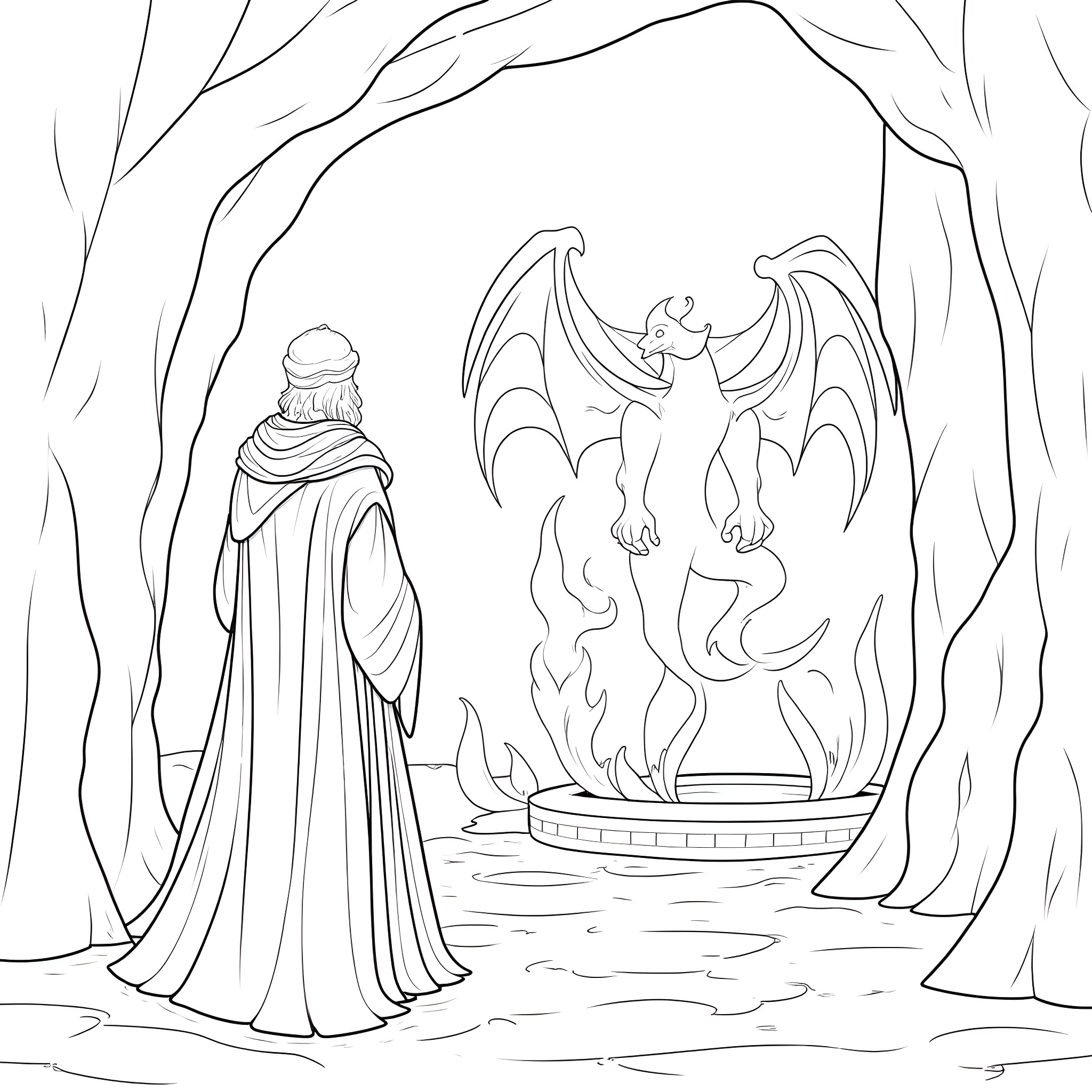 Gandalf encounters a fearsome dragon in the dark cave Coloring Page (free black-and-white line drawing printable PDF for all, from beginners to advanced learners, including children, teens, adults, and seniors)