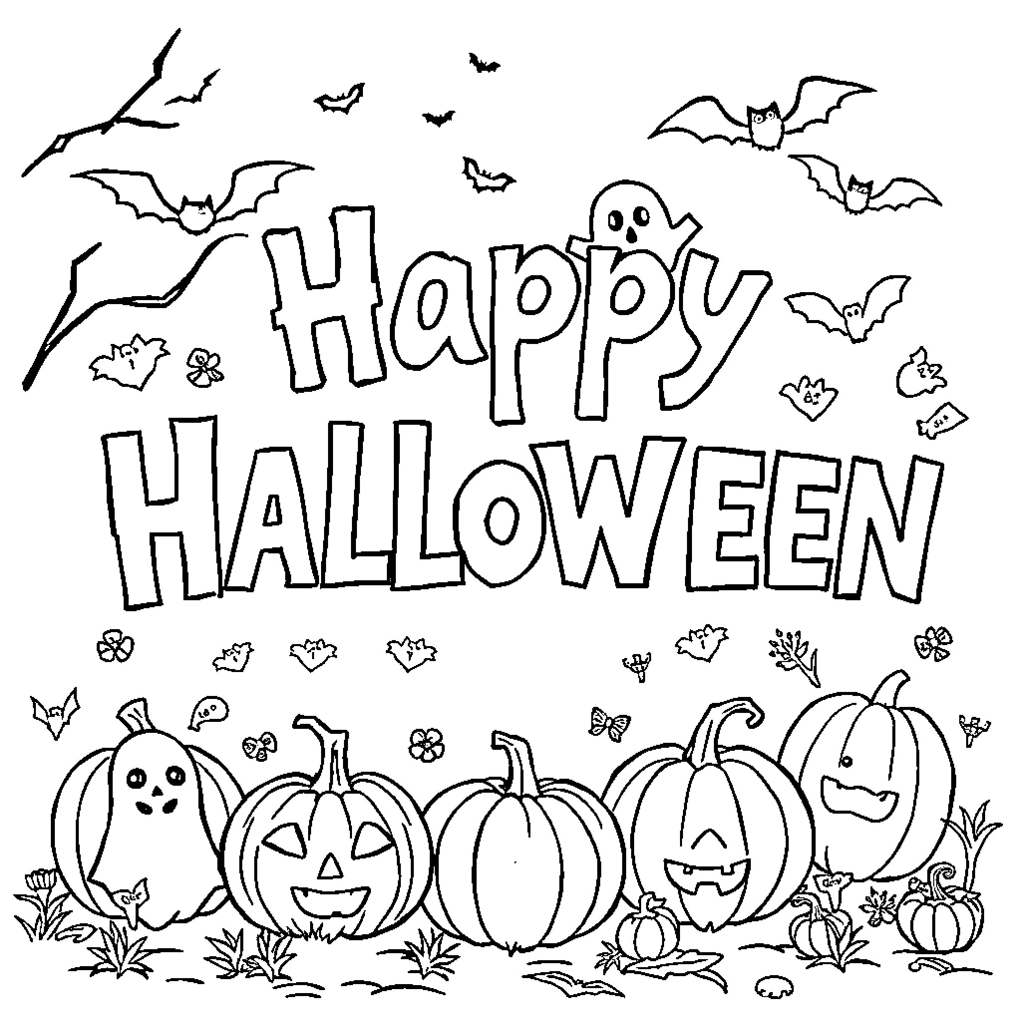 Halloween fun with pumpkins and bats Coloring Page (free black-and-white line drawing printable PDF for all, from beginners to advanced learners, including children, teens, adults, and seniors)