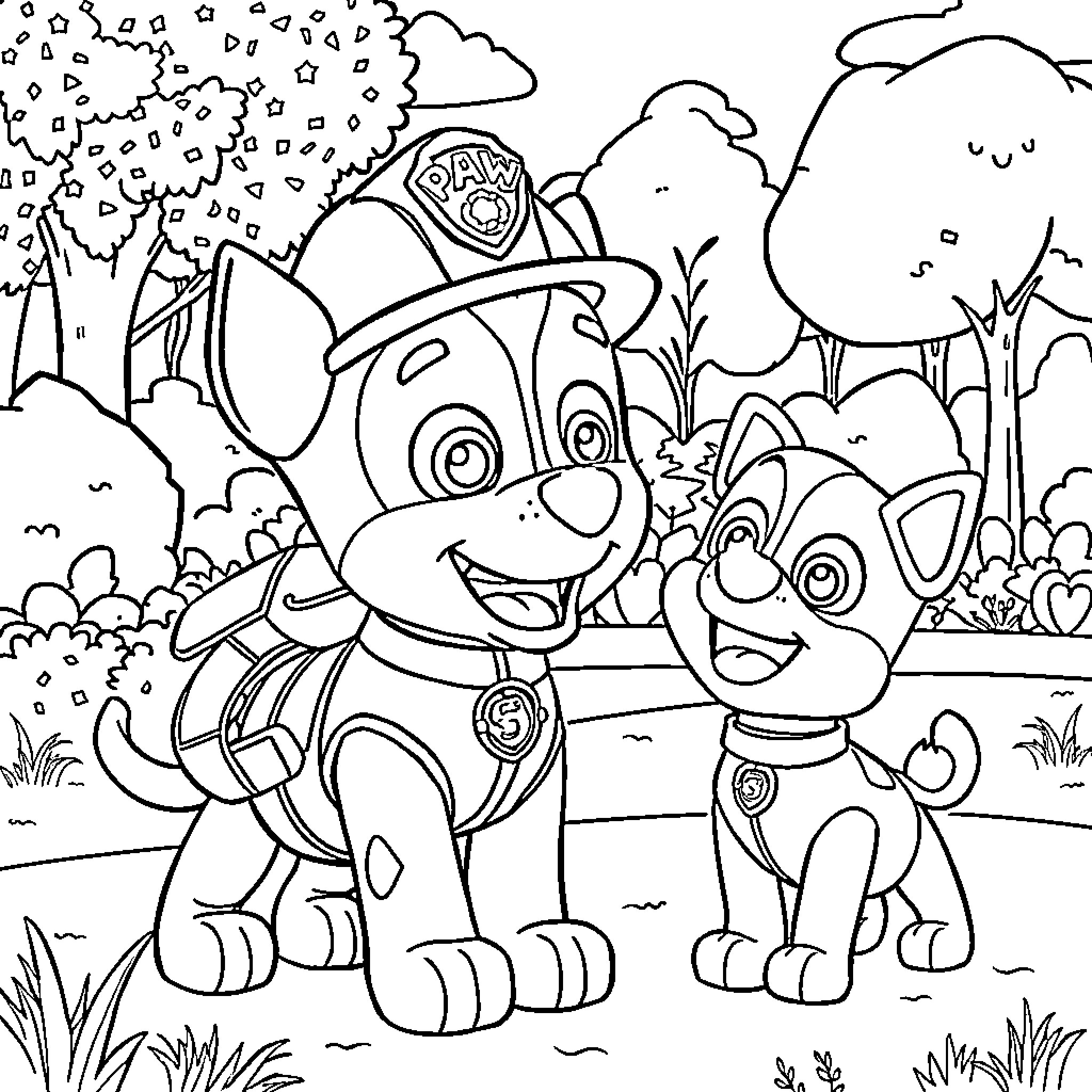 Marshall and Rubble's Outdoor Adventure Coloring Page (free black-and-white line drawing printable PDF for all, from beginners to advanced learners, including children, teens, adults, and seniors)