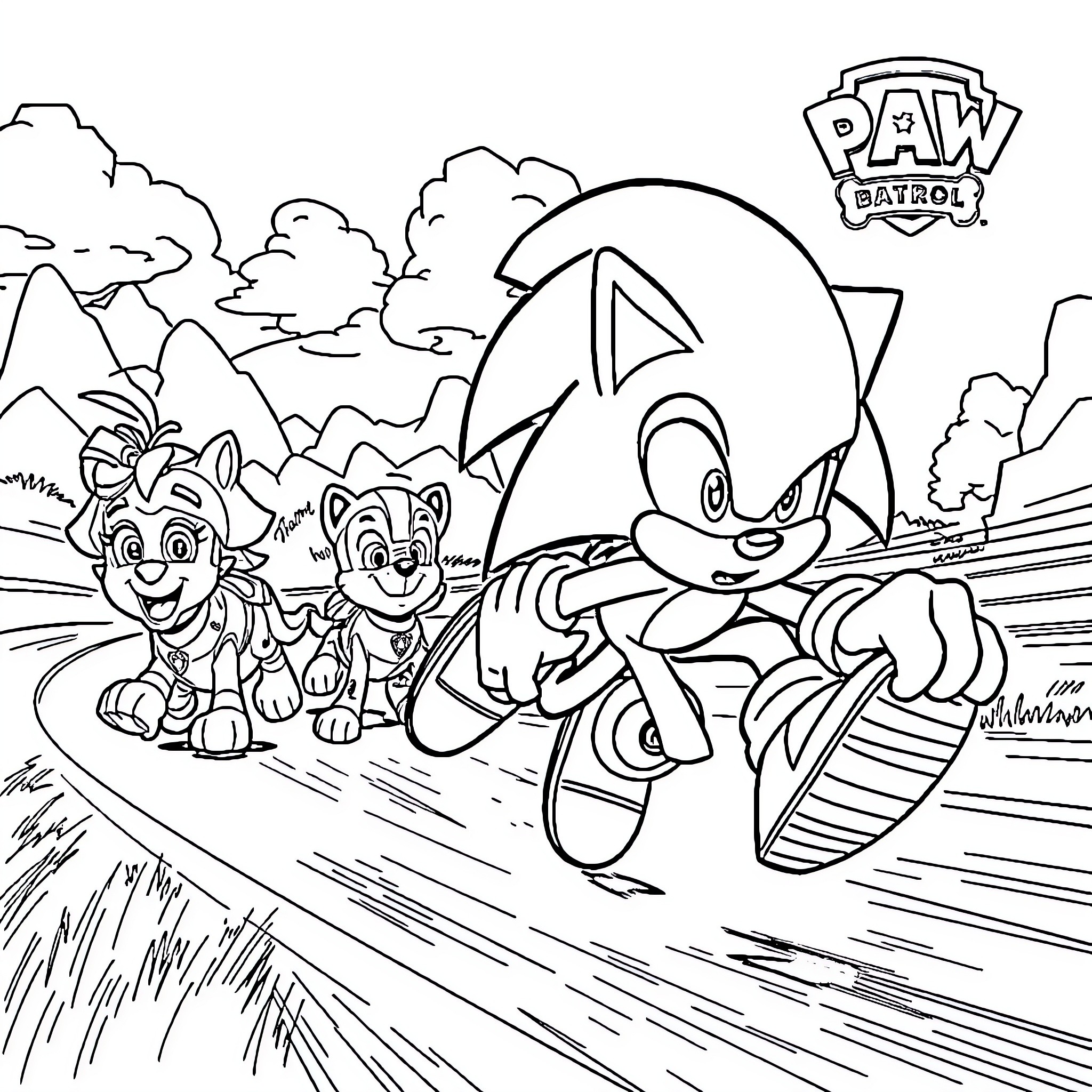 Sonic and Paw Patrol puppies in the wilderness Coloring Page (free black-and-white line drawing printable PDF for all, from beginners to advanced learners, including children, teens, adults, and seniors)