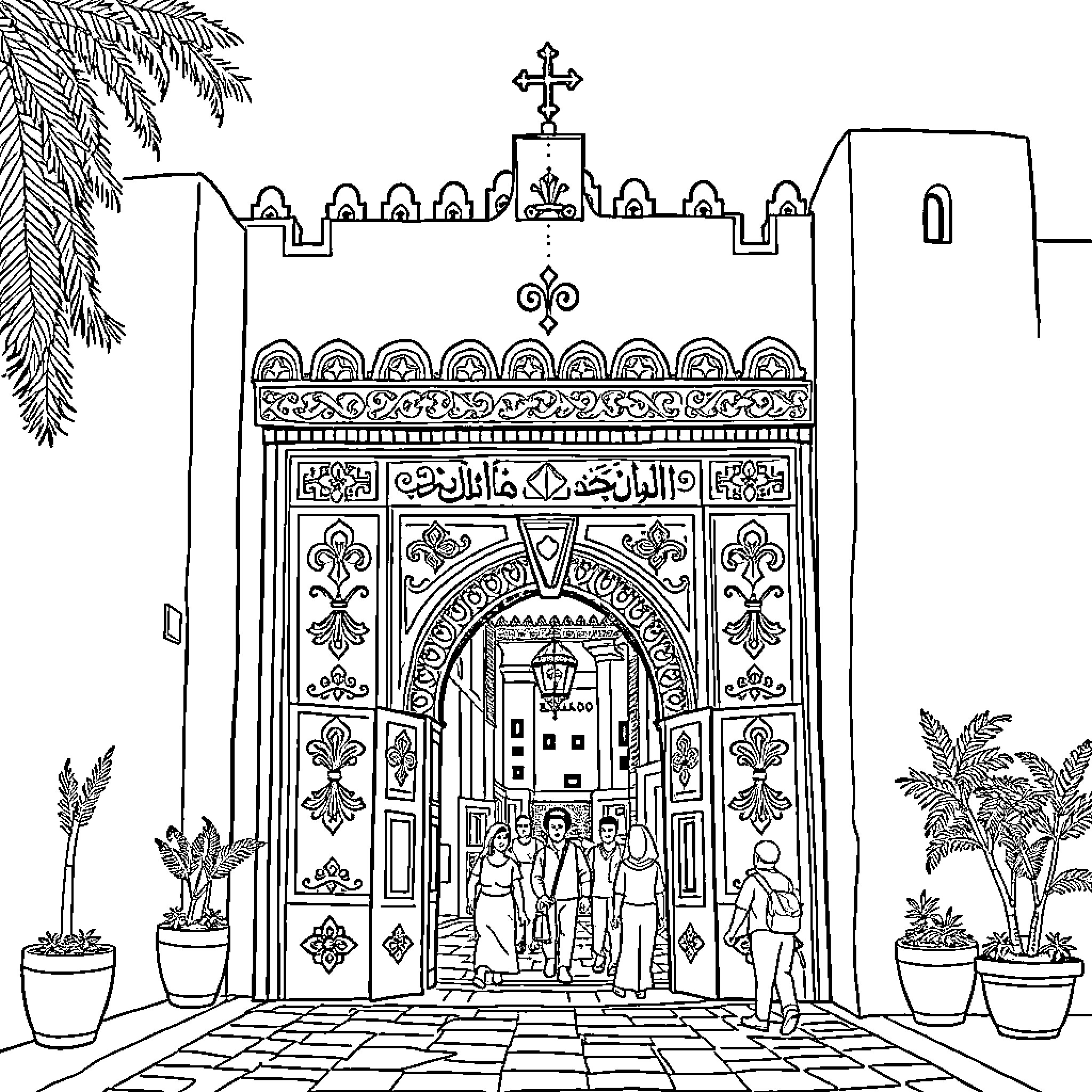 Gate to a grand religious edifice with intricate architecture Coloring Page (free black-and-white line drawing printable PDF for all, from beginners to advanced learners, including children, teens, adults, and seniors)