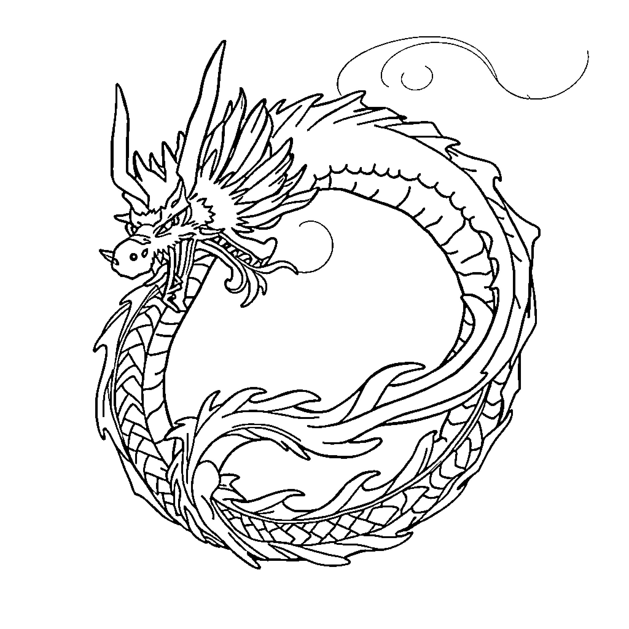 Dragon Coiled in Circular Design Coloring Page (free black-and-white line drawing printable PDF for all, from beginners to advanced learners, including children, teens, adults, and seniors)