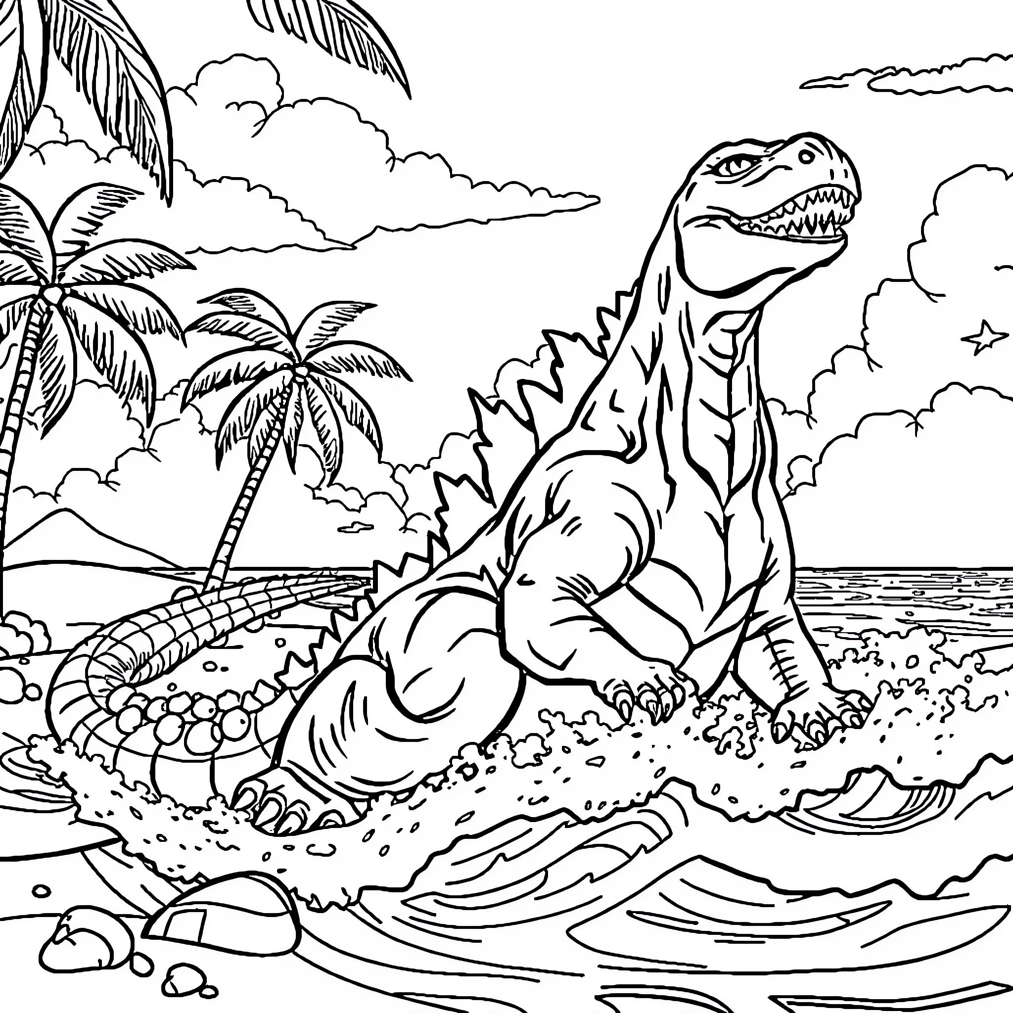 Godzilla stomping through a tropical paradise Coloring Page (free black-and-white line drawing printable PDF for all, from beginners to advanced learners, including children, teens, adults, and seniors)