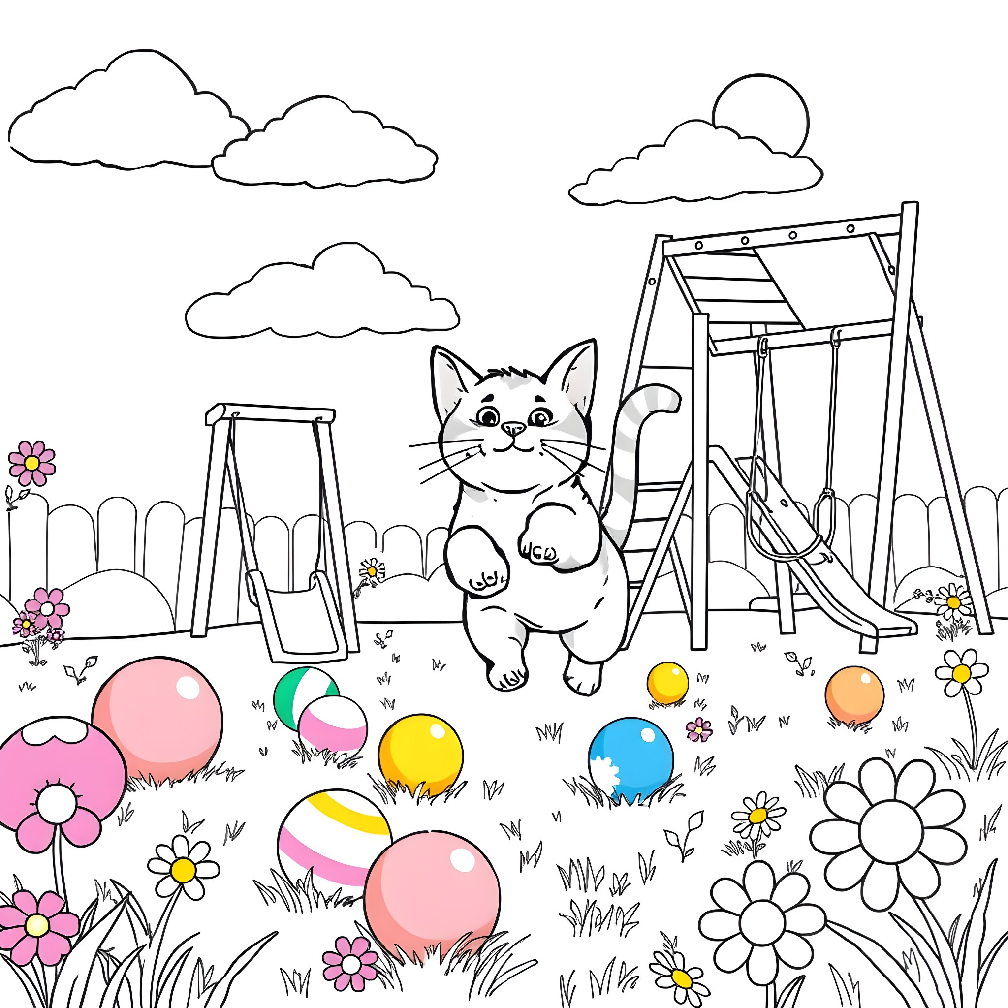 Cat playing in a whimsical playground Coloring Page (free black-and-white line drawing printable PDF for all, from beginners to advanced learners, including children, teens, adults, and seniors)