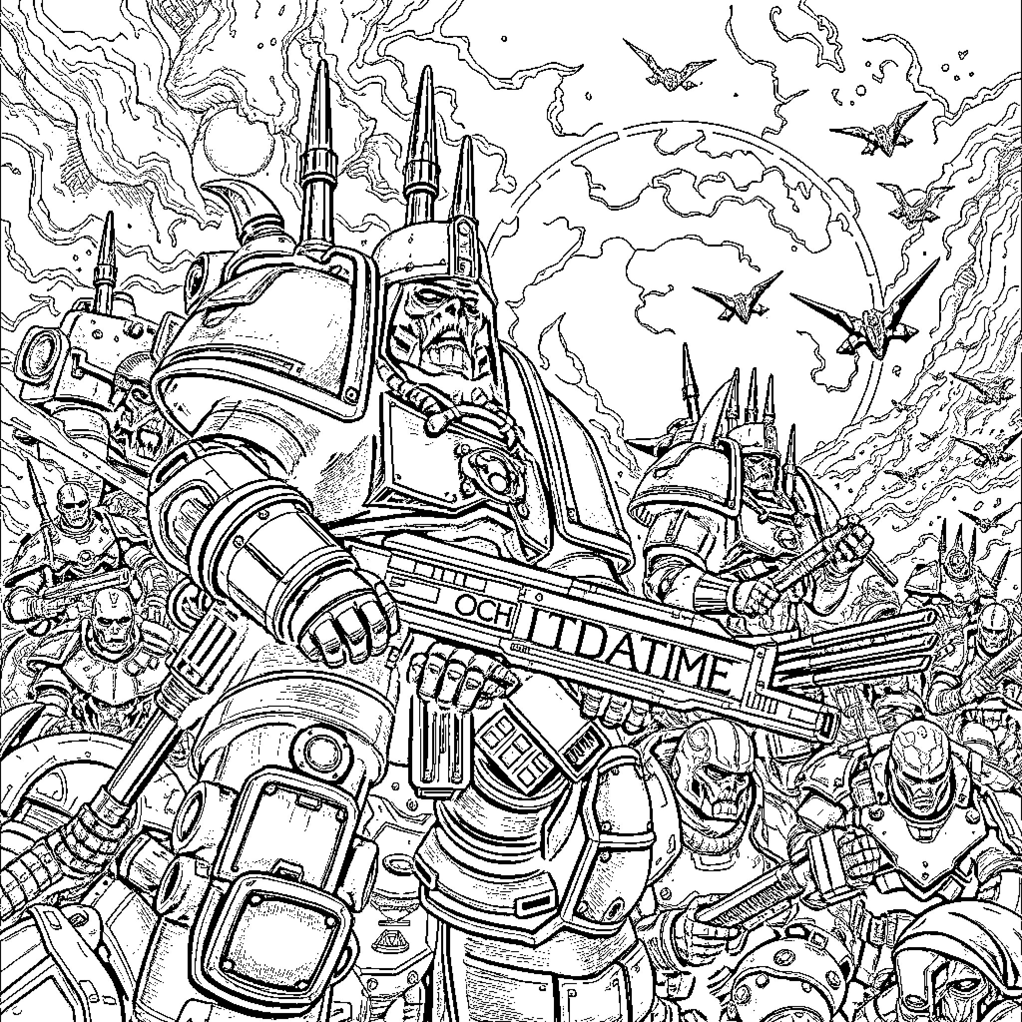 Warhammer Towering Titan in Futuristic Battlefield Coloring Page (free black-and-white line drawing printable PDF for all, from beginners to advanced learners, including children, teens, adults, and seniors)