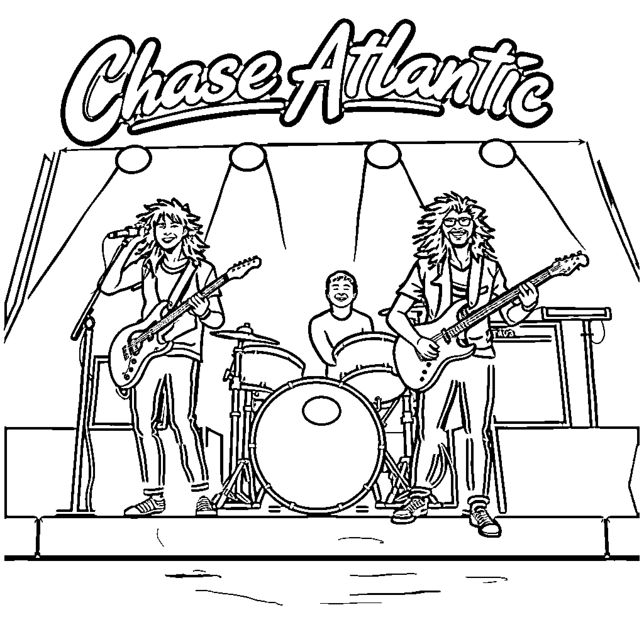 Chase Atlantic Performing on Stage Coloring Page (free black-and-white line drawing printable PDF for all, from beginners to advanced learners, including children, teens, adults, and seniors)